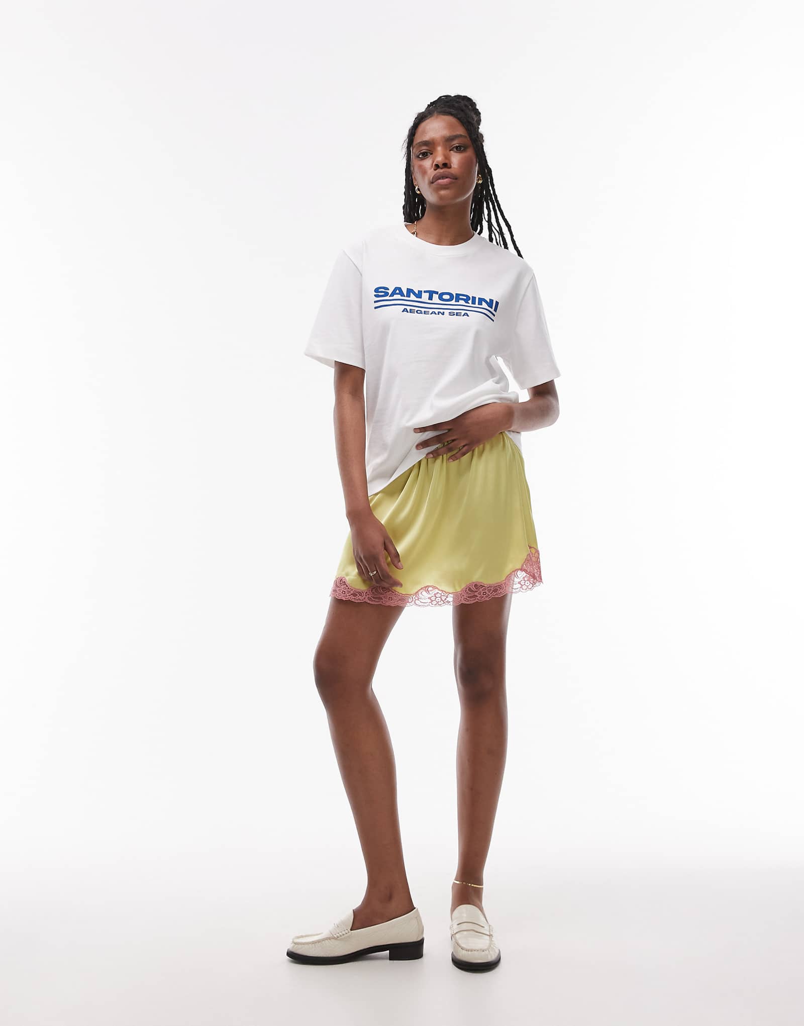 Атласная мини-юбка-комбинация Topshop цвета лайма с бледно-розовым кружевом 11690₽