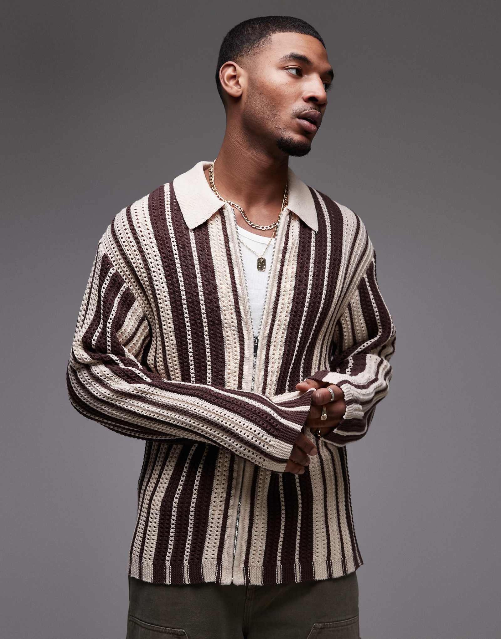 Трикотажное поло Topman с длинным рукавом в коричневую и бежевую полоску 12290₽