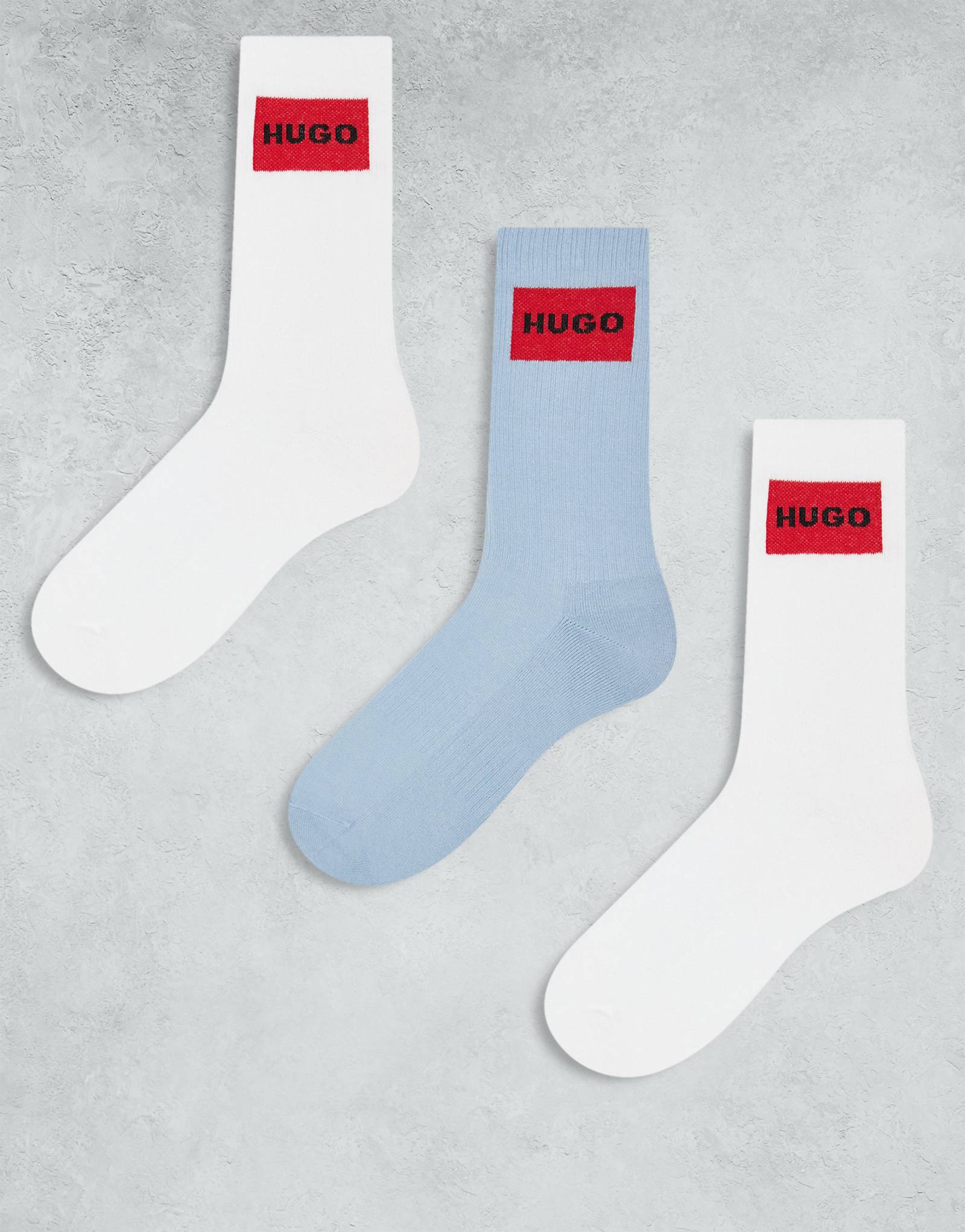 Носки-кроссовки в рубчик с логотипом HUGO RED 3 pack back box белого/светло-голубого цвета