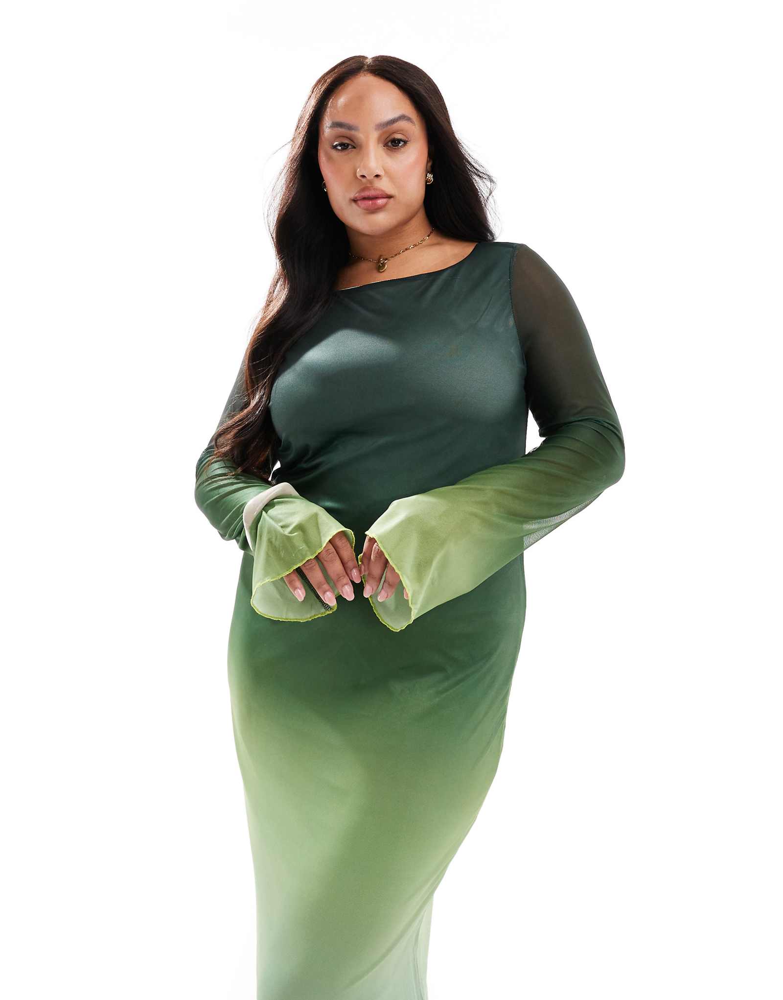 Сетчатое платье Vero Moda Curve с длинными рукавами и зеленым принтом омбре