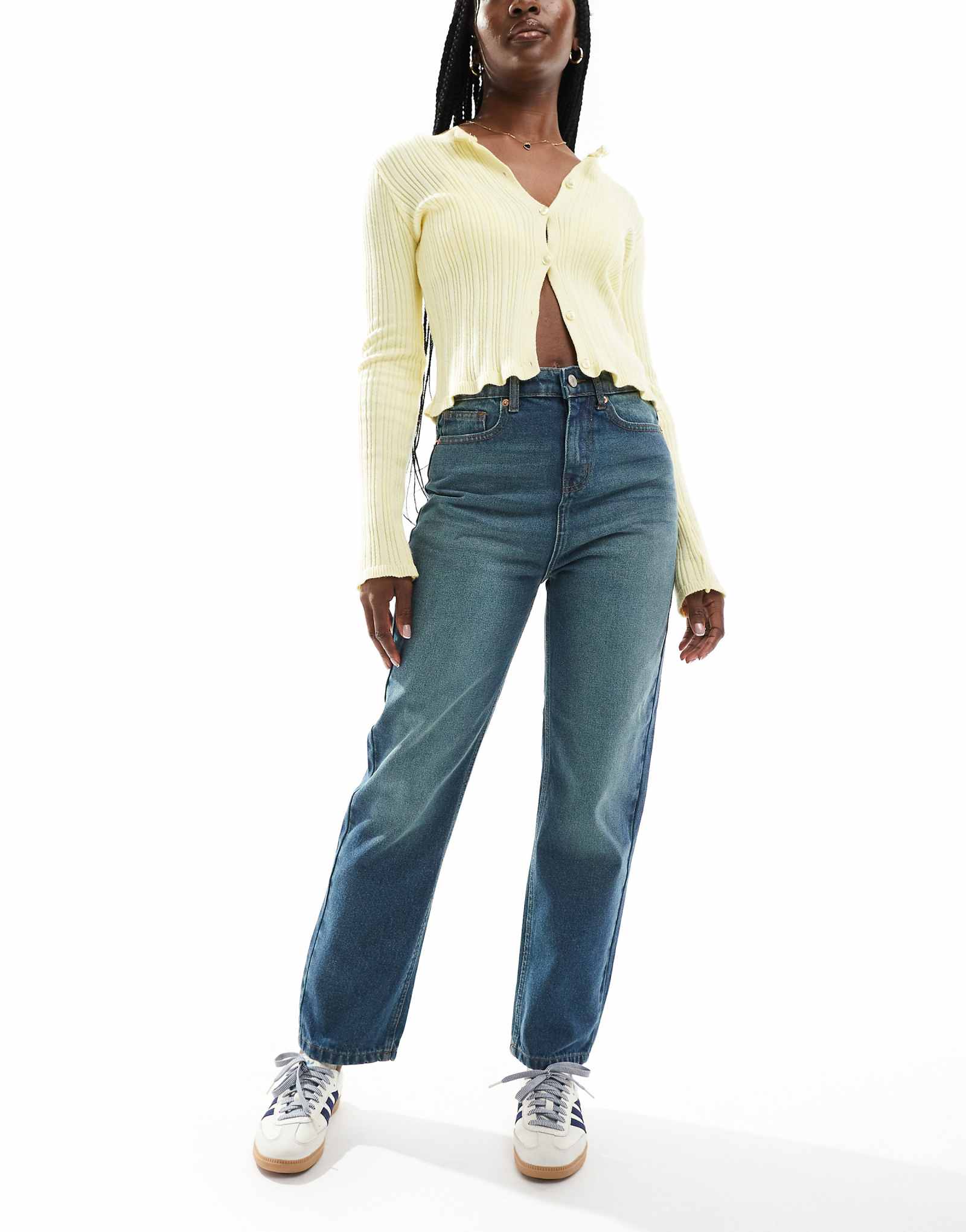 Укороченные прямые джинсы DTT Katy с высокой посадкой, окрашенные в синий цвет.