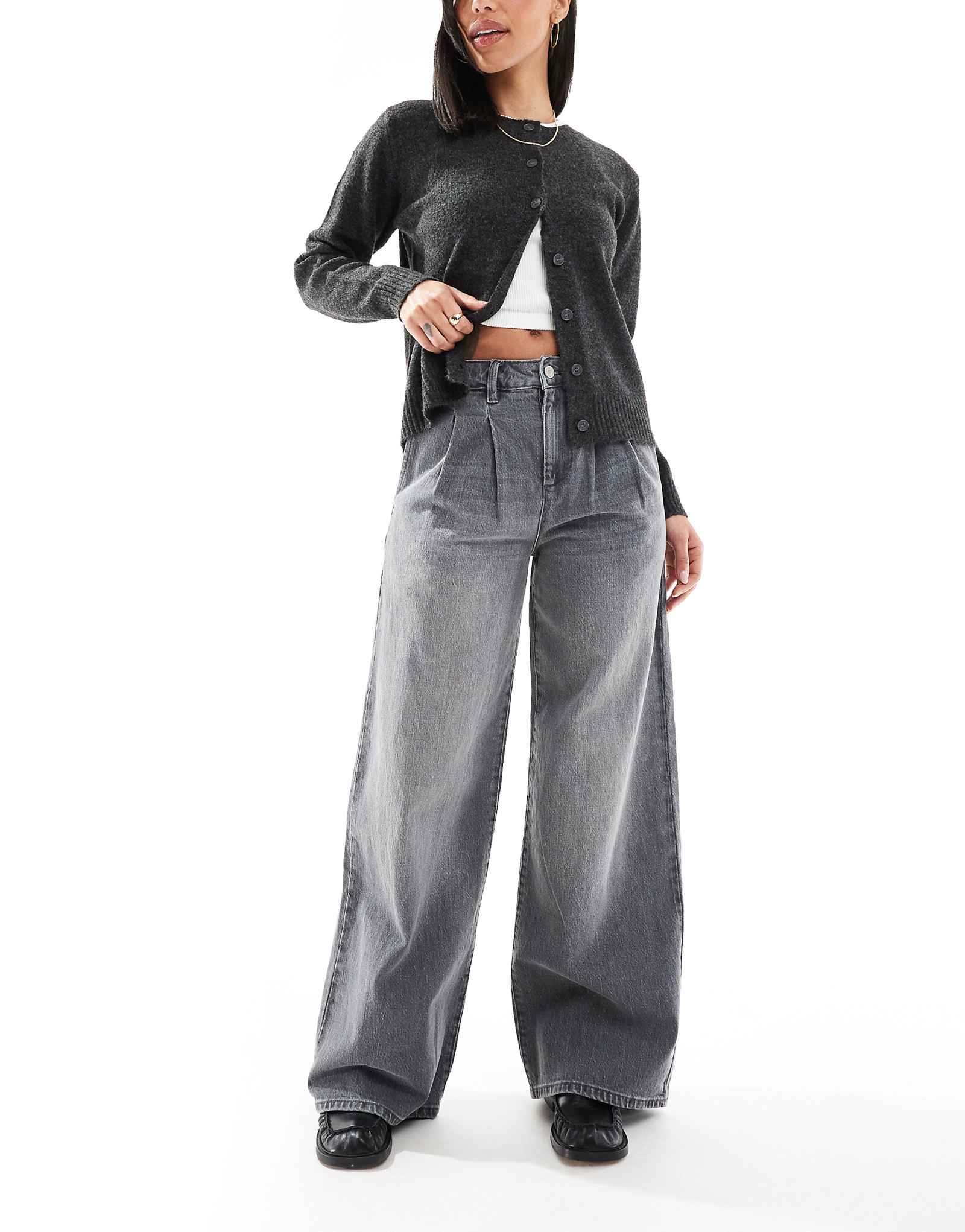 Широкие плиссированные джинсы DTT Jordan средне-серого цвета