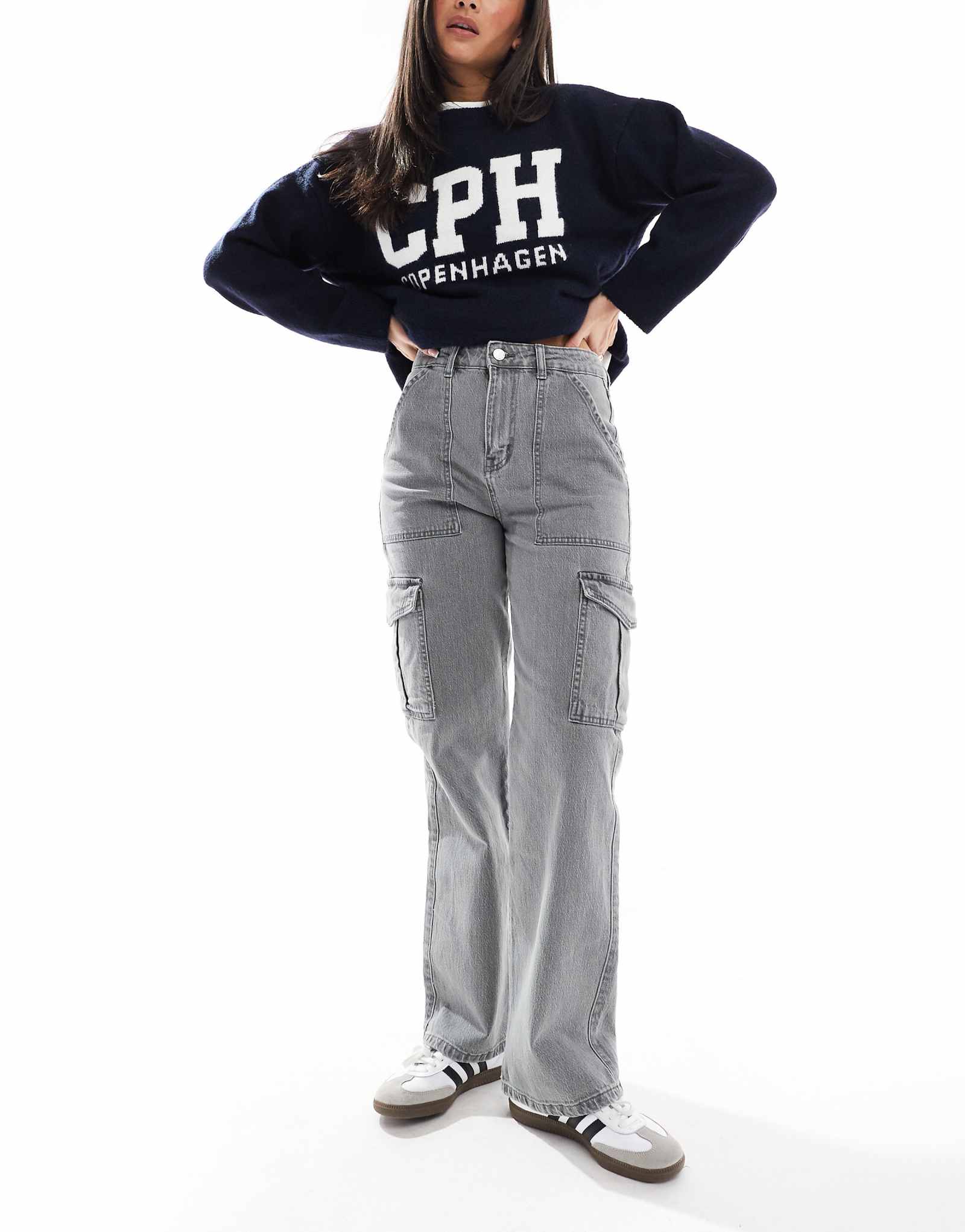 Светло-серые джинсы-карго DTT Molly с высокой талией и широкими штанинами