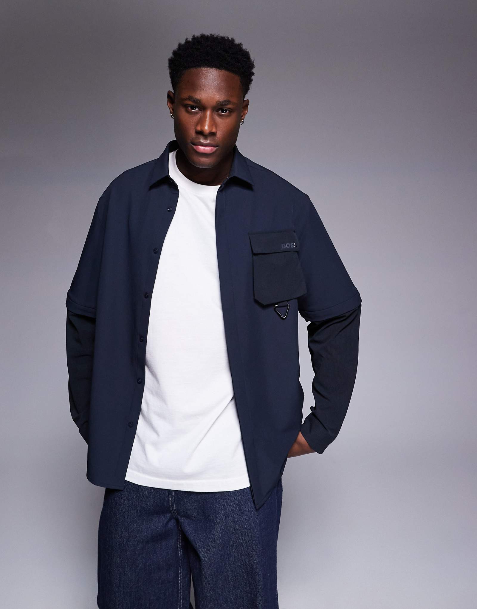 Темно-синяя нейлоновая верхняя рубашка свободного покроя BOSS Green с блестящими съемными рукавами