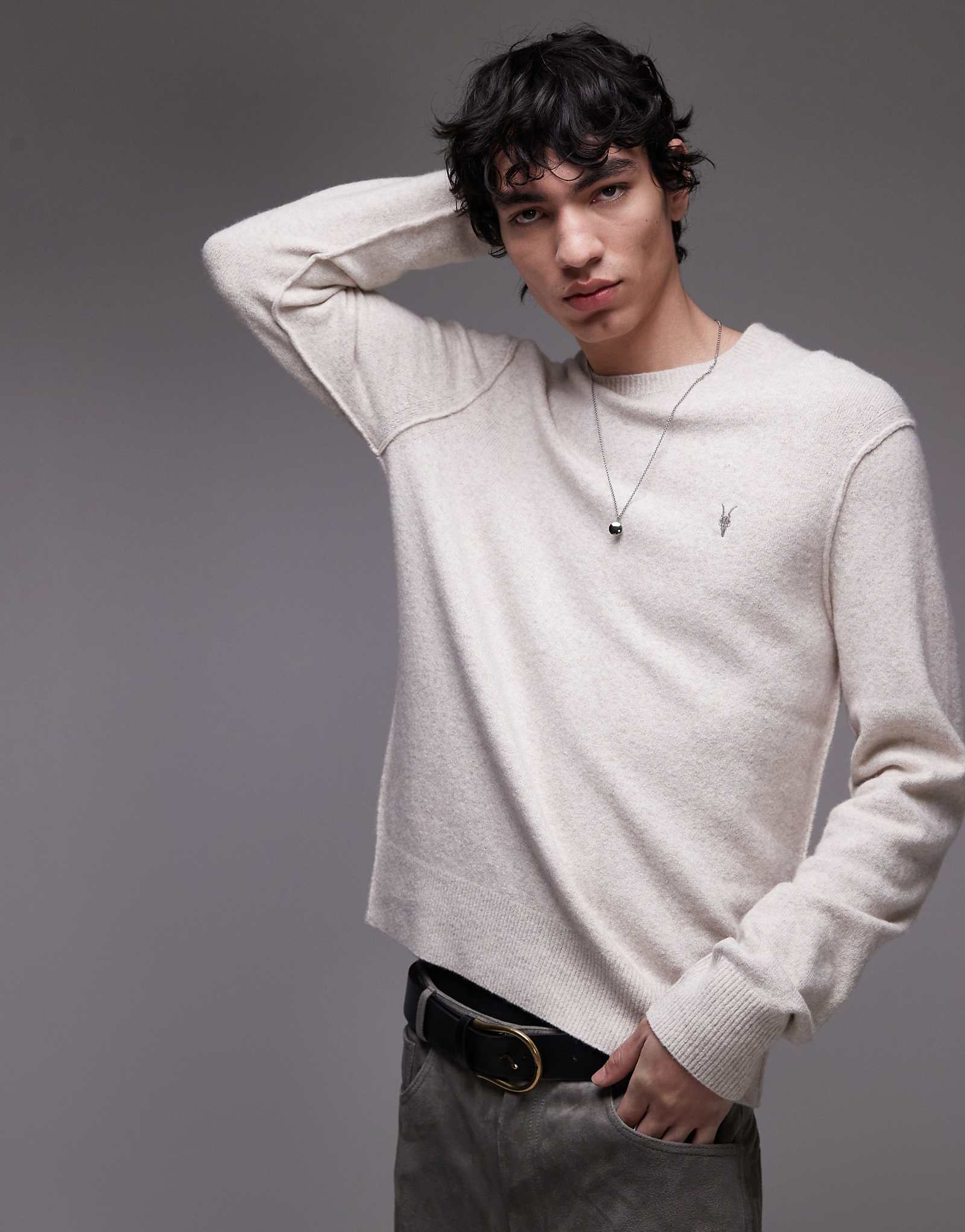 Свитер из овечьей шерсти AllSaints Statten ramskull цвета овсянки 31090₽