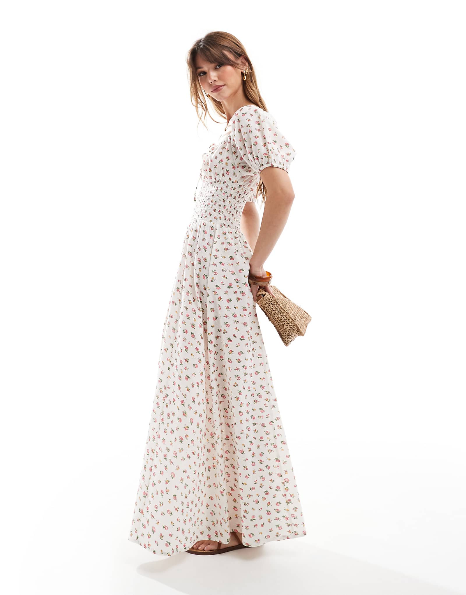 Эксклюзивное макси-пляжное платье Esmee с пышными рукавами и завязками спереди в цветочек 7790₽