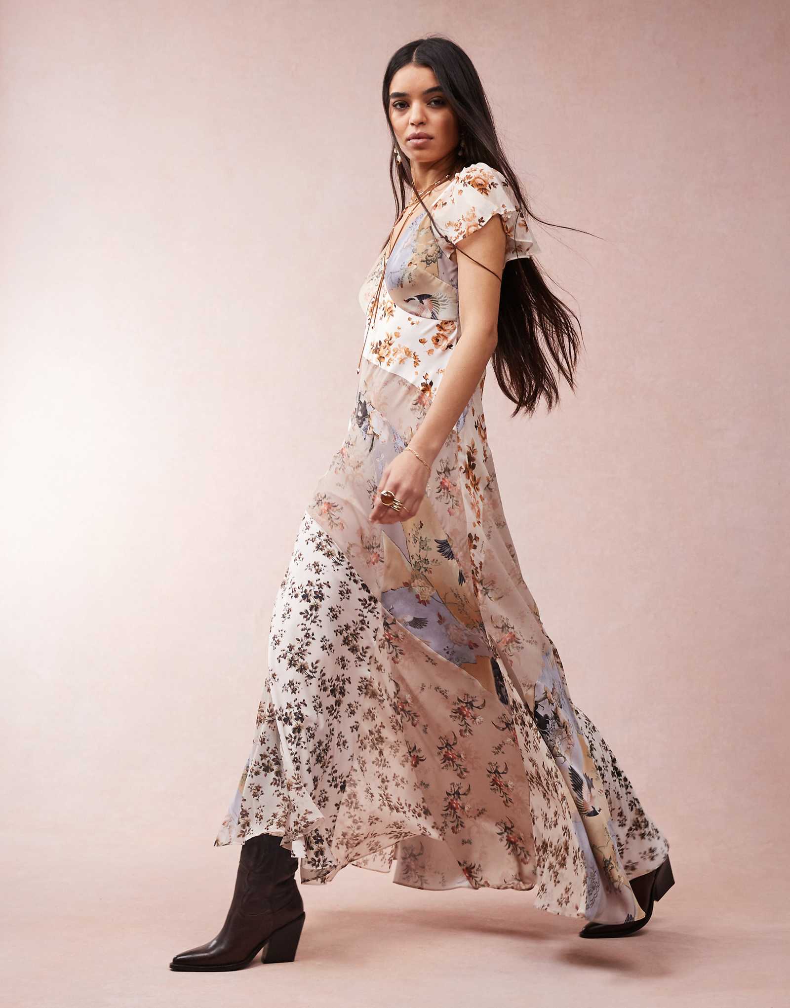 Макси-платье с принтом AllSaints Lala коричневого цвета с цветочным принтом origin 43790₽