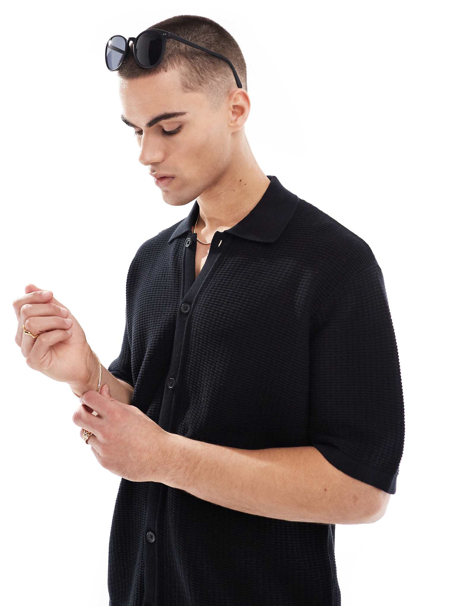 Вязаная рубашка поло Bershka Черного цвета 7590₽