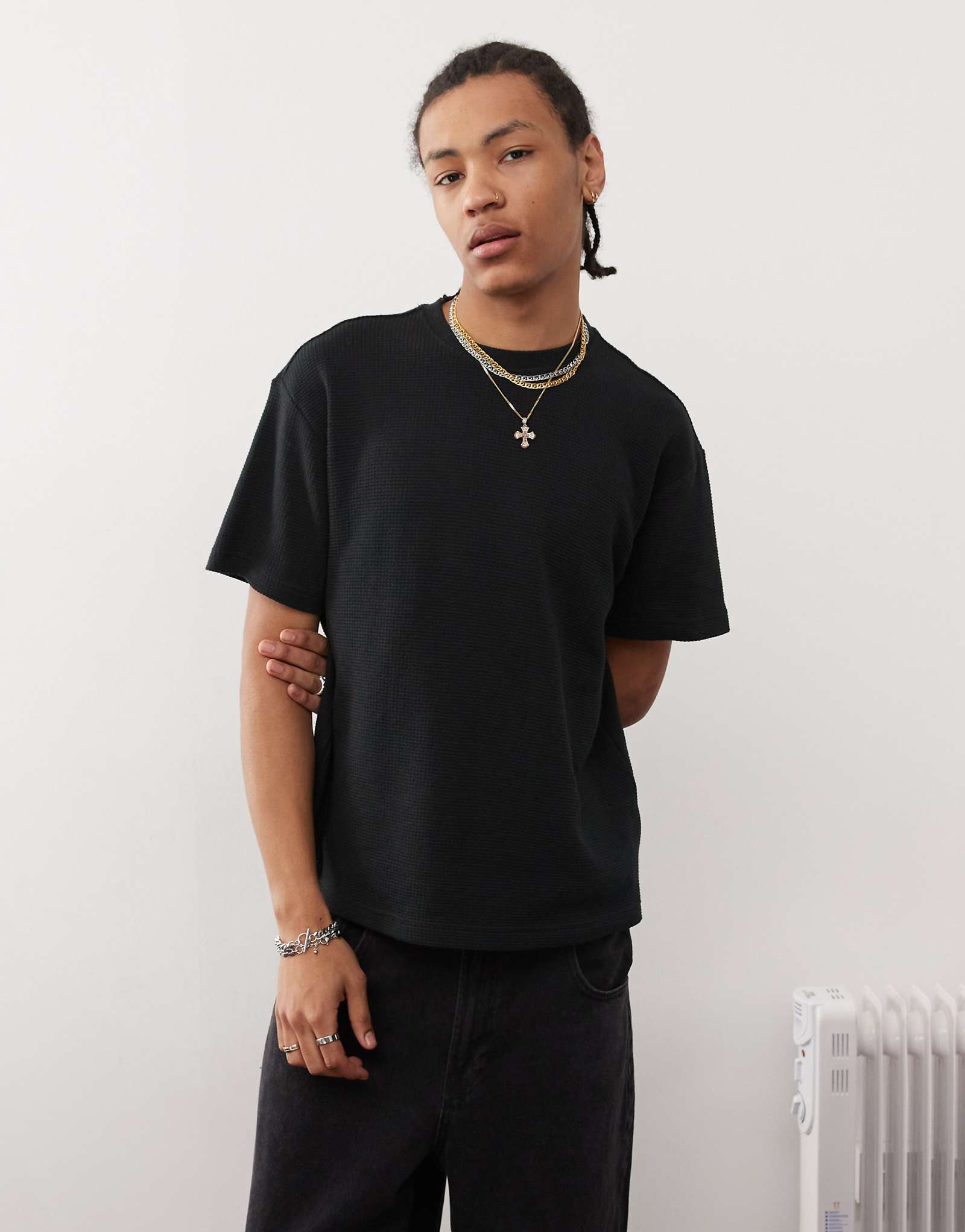 Черная футболка оверсайз из вафельного трикотажа Pacsun черного цвета