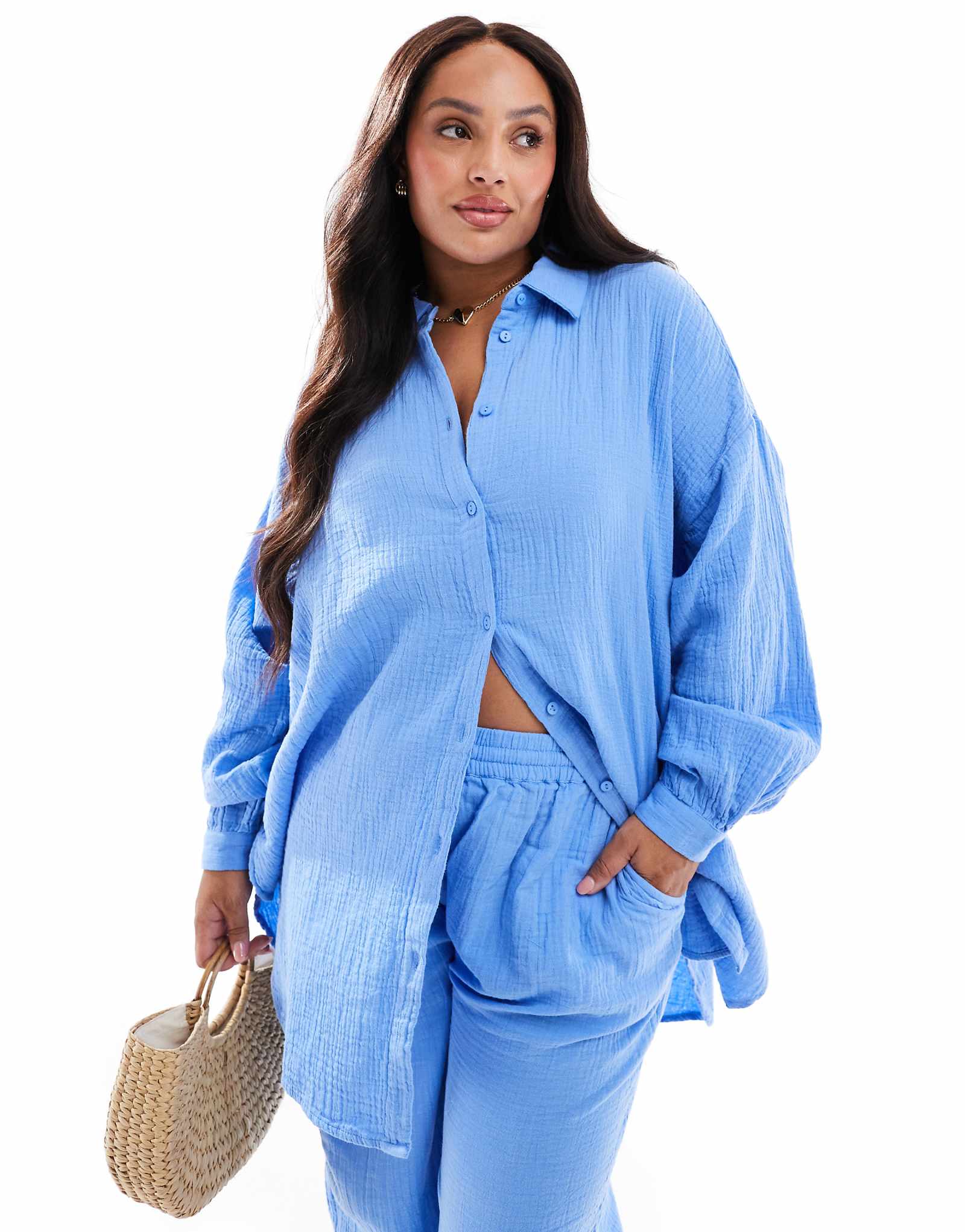 Рубашка из марли ONLY Curve с длинным рукавом синего цвета - часть комплекта 8490₽