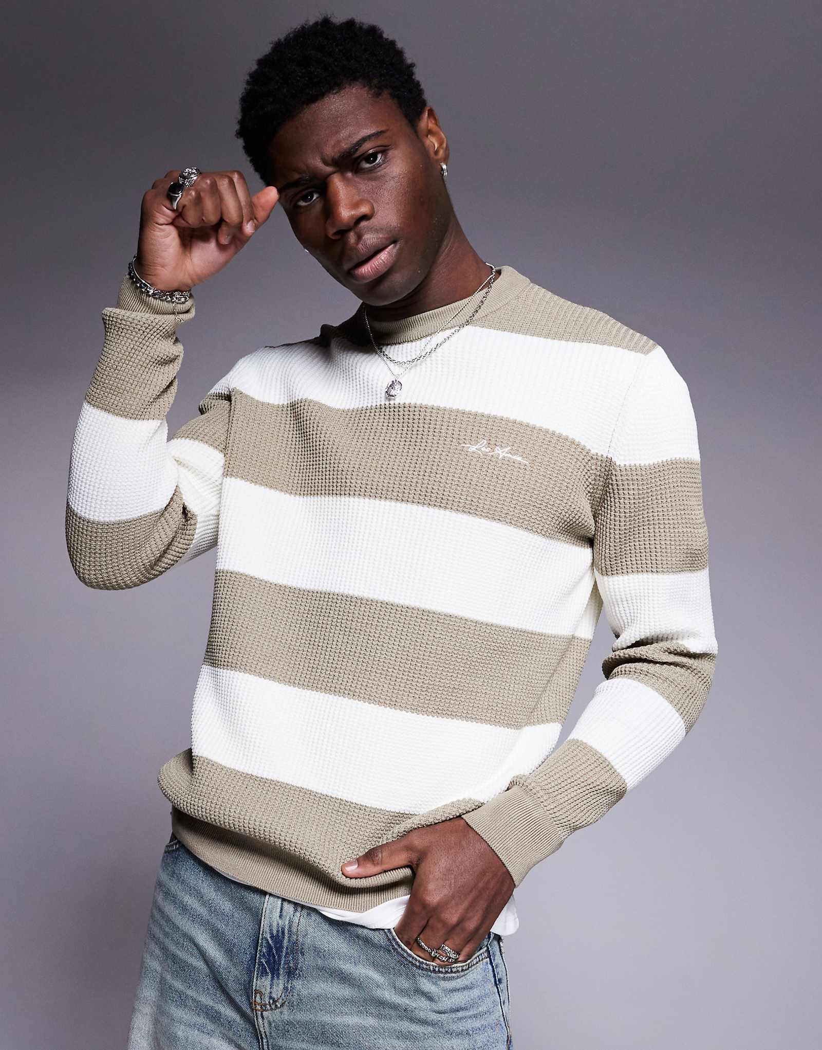 Вязаный свитер в вафельную полоску River Island с длинным рукавом из камня 10590₽