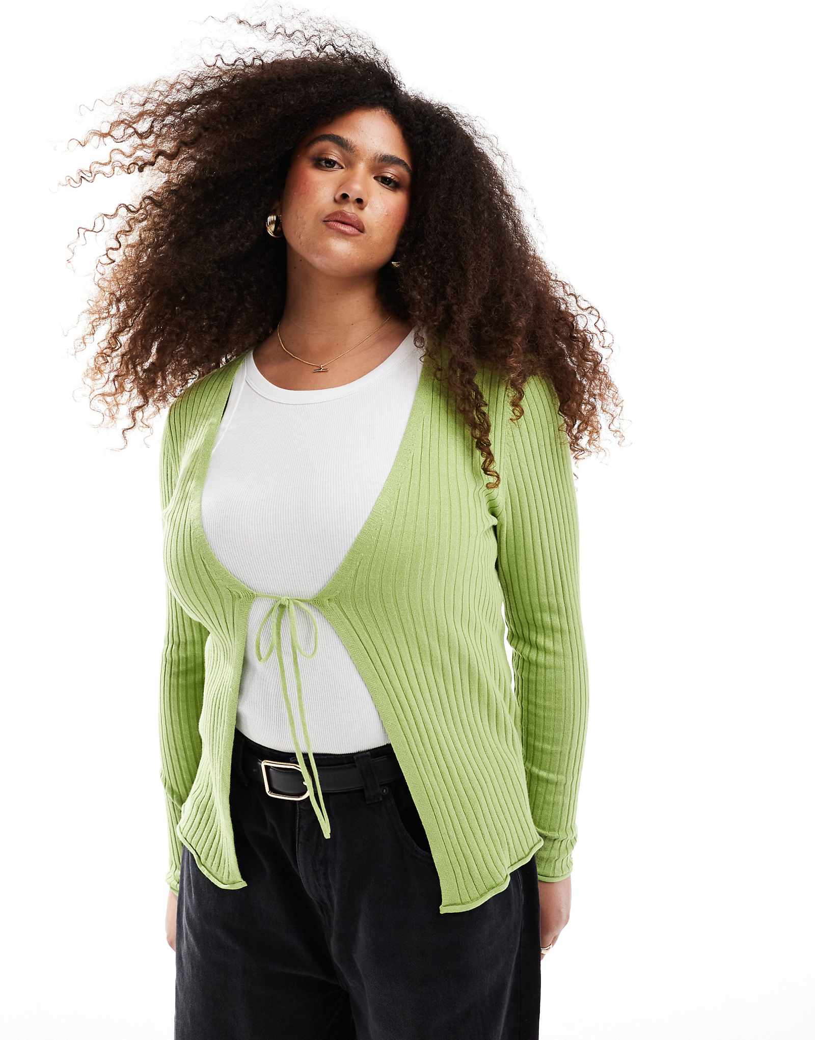 Кардиган в рубчик в зеленую полоску с завязками спереди только для женщин