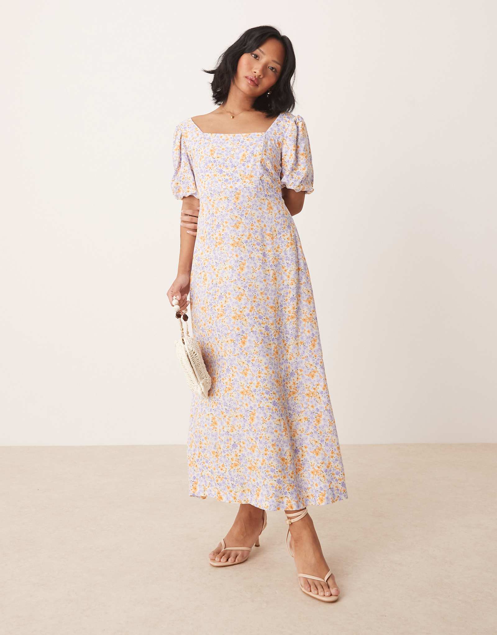 Платье миди с пышными рукавами Nobodys Child Petite Lara в сине-оранжевом цвете ditsy 19590₽