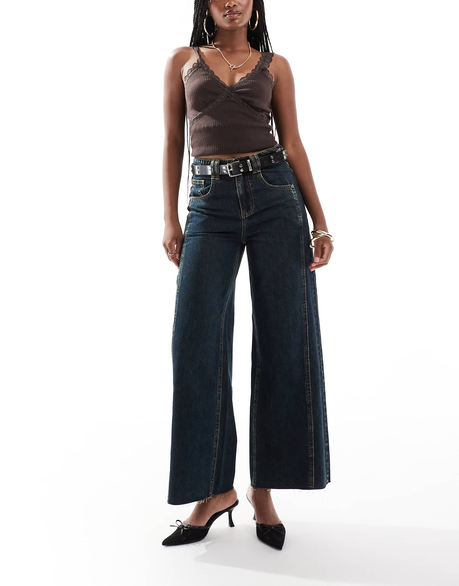 Сине-зеленые застиранные джинсы Urban Revivo с широкими штанинами 11590₽