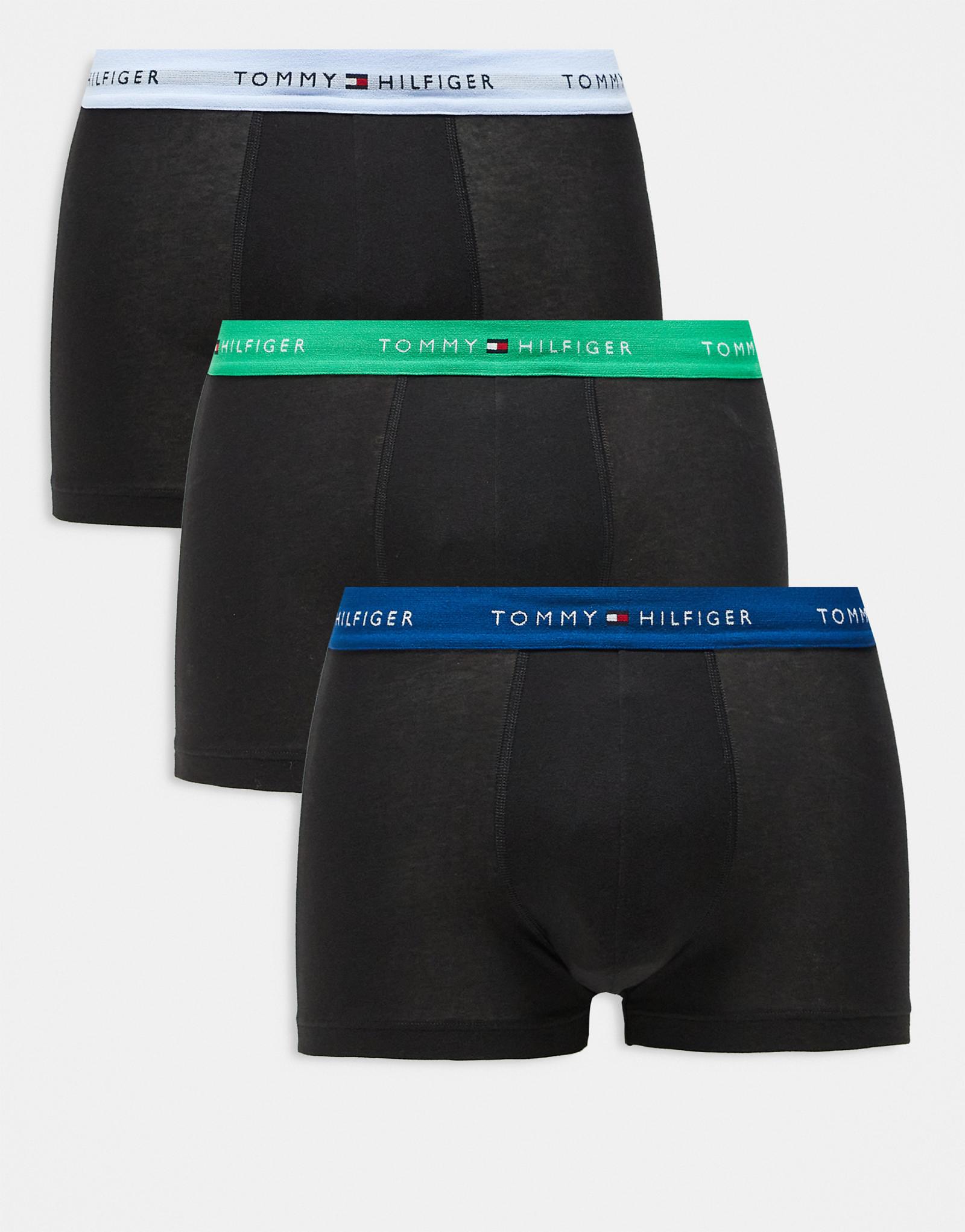 Фирменные хлопковые плавки Tommy Hilfiger Essentials из 3-х комплектов черного цвета с синимизелеными поясами 10790₽