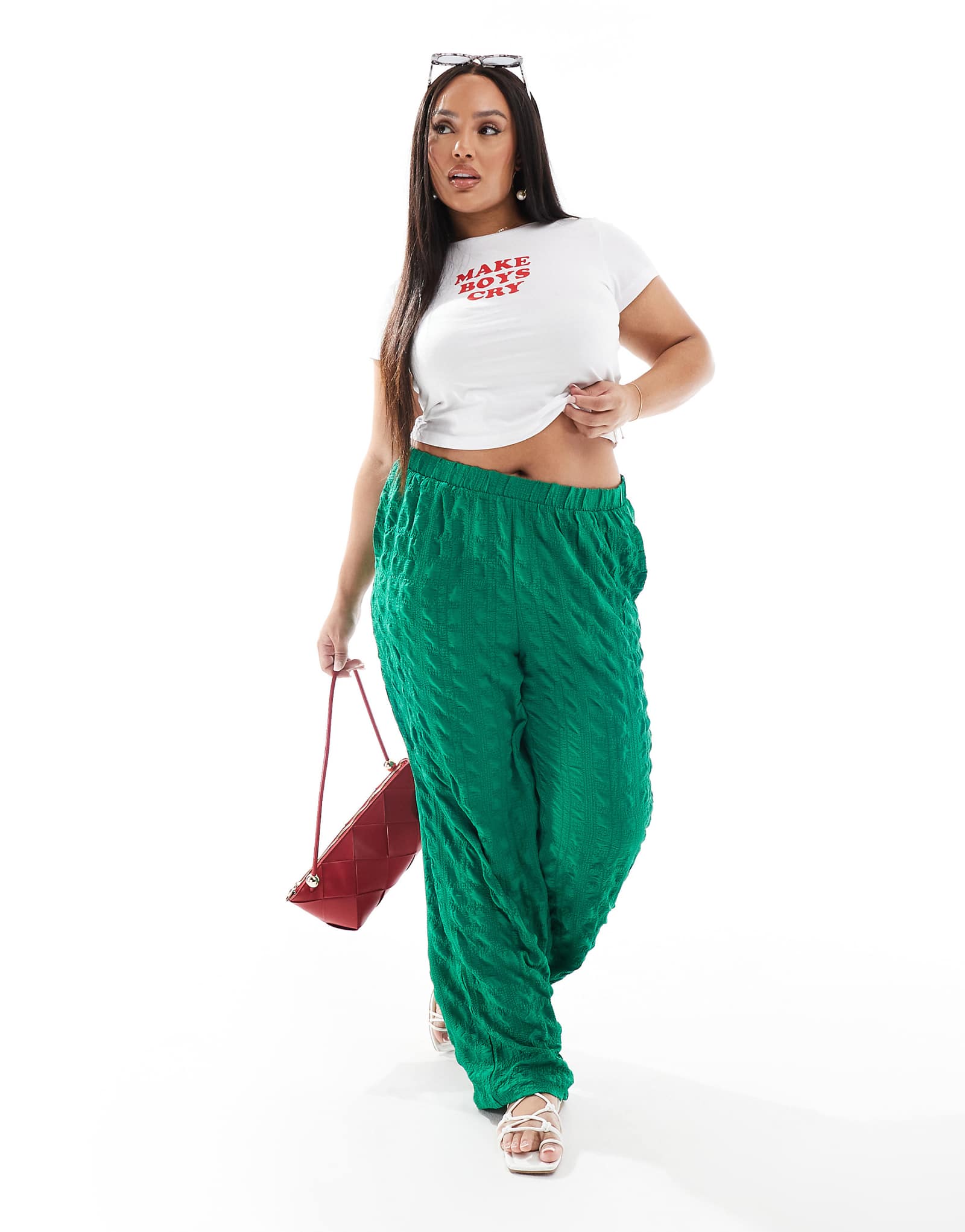 Широкие брюки с рельефной текстурой Vero Moda зеленого цвета