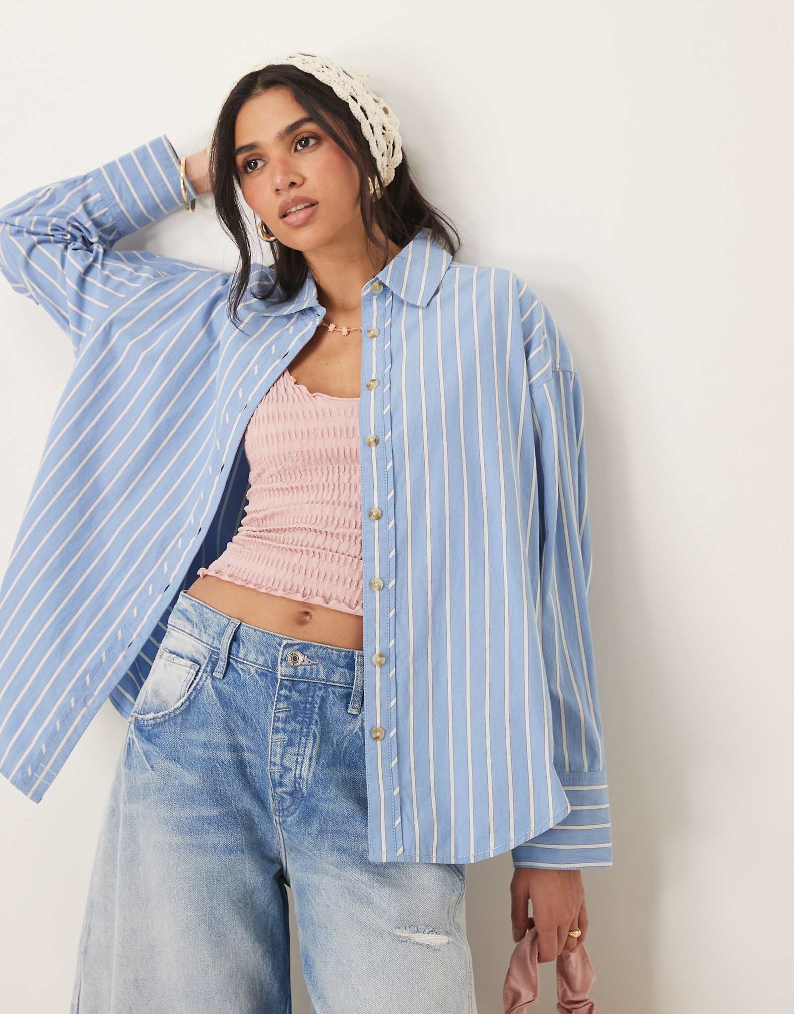 Синяя университетская рубашка оверсайз в полоску Free People 18390₽