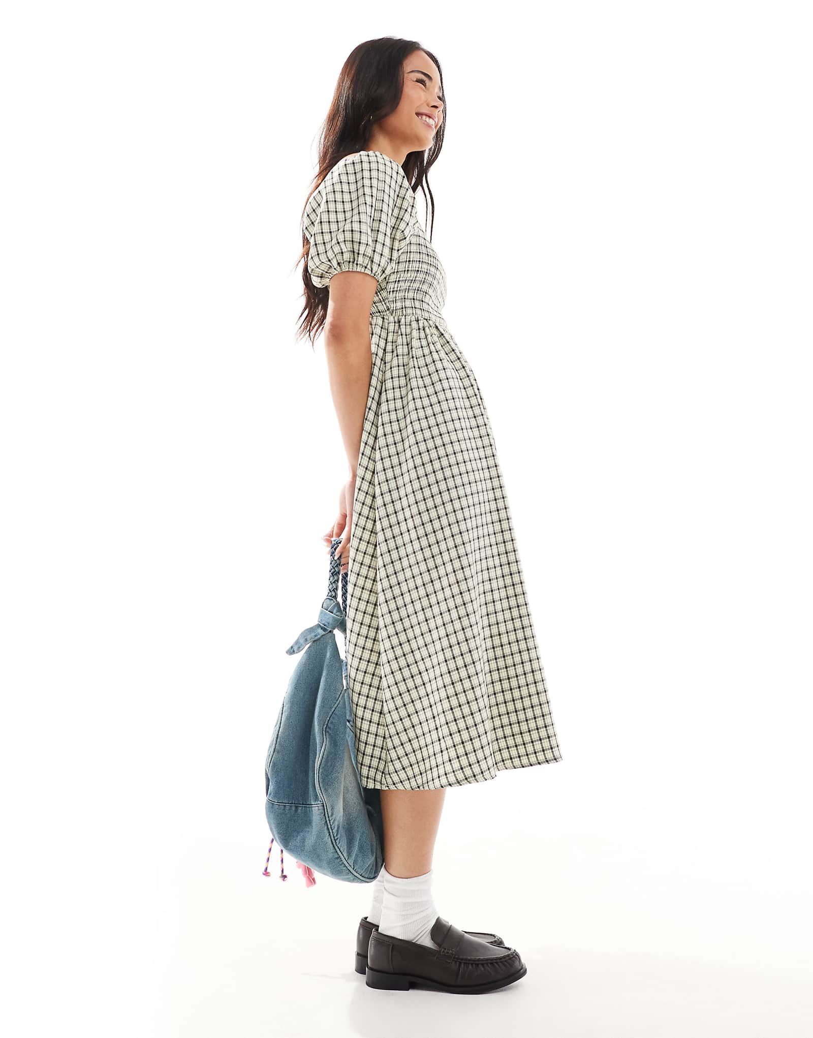 Миди-платье с гофрированным верхом и пышными рукавами Daisy Street в желтую клетку