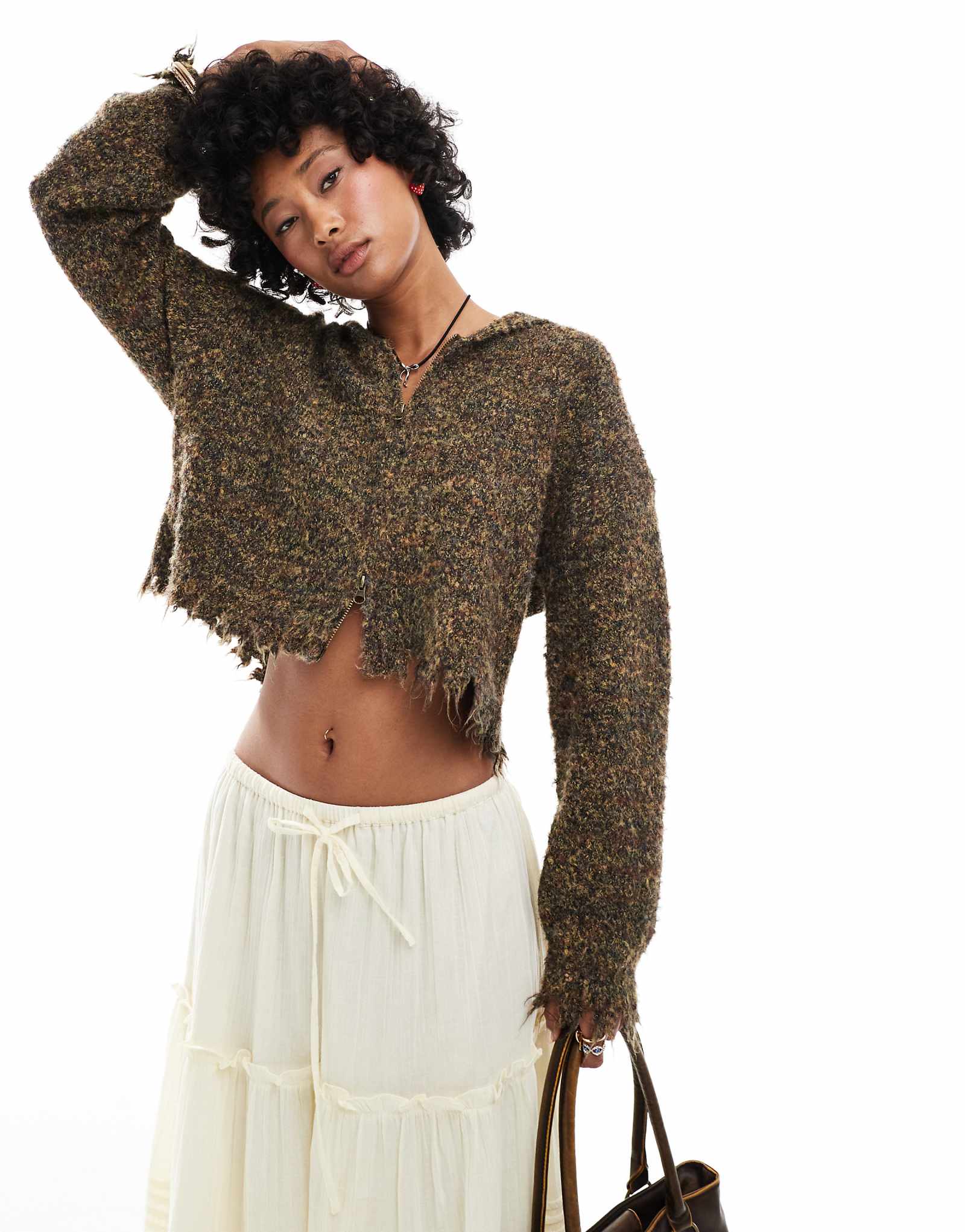 Текстурированный кардиган Urban Revivo на молнии коричневого цвета хаки 15490₽