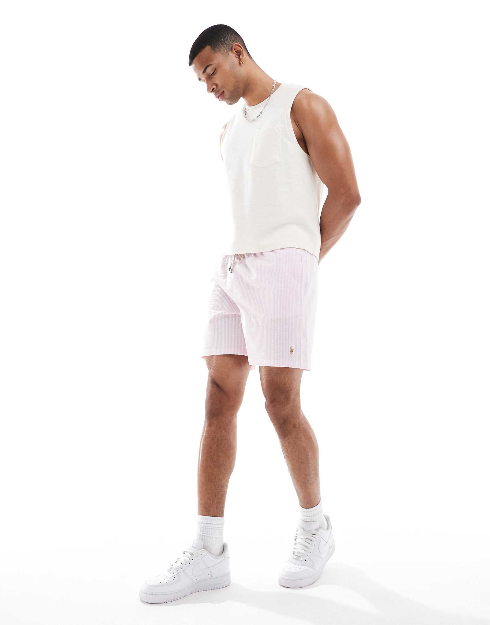 Шорты для плавания в полоску Polo Ralph Lauren Traveler icon с логотипом seersucker классического розового цвета 18890₽