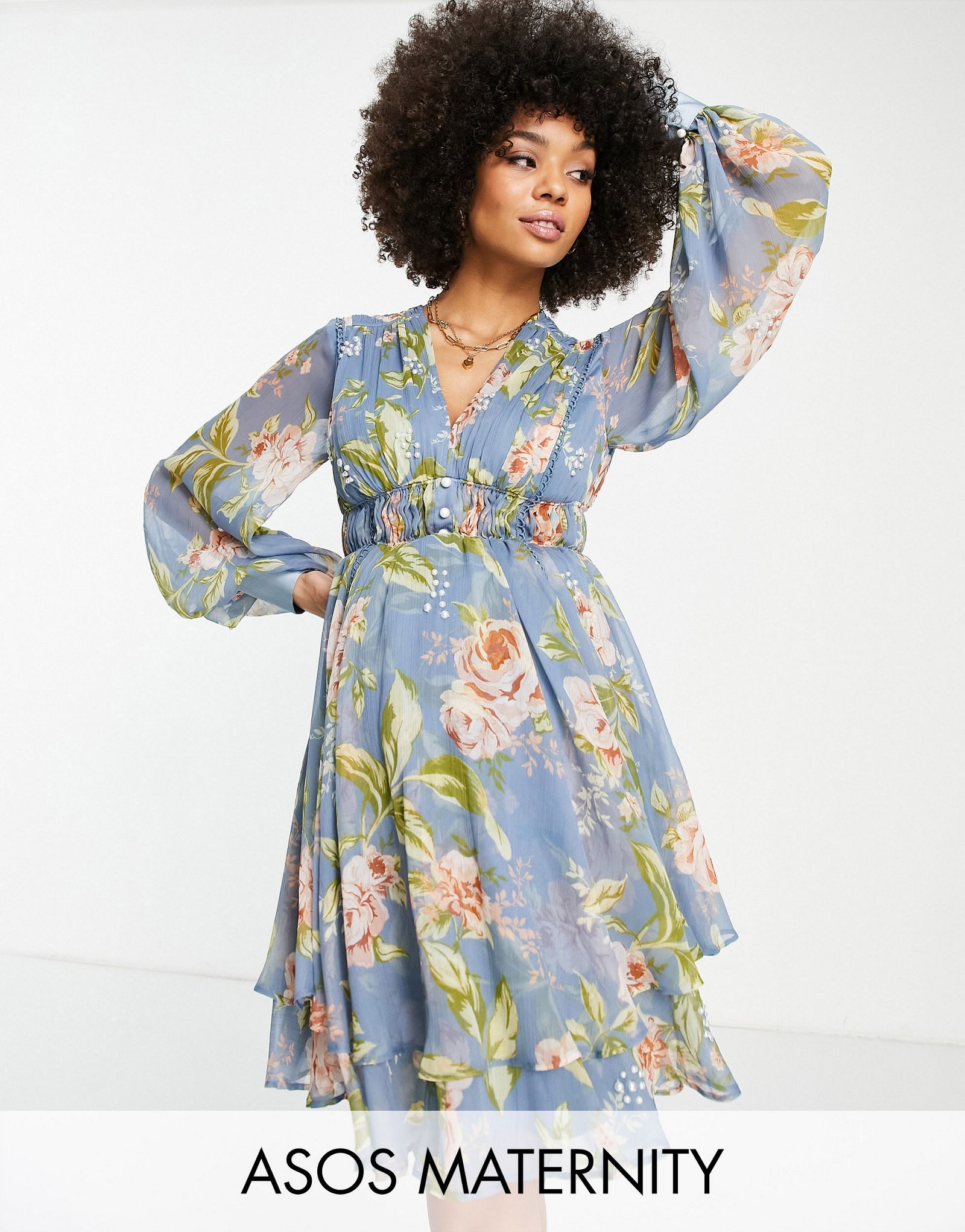 Платье мини с жемчужным декором и рюшами с цветочным принтом ASOS DESIGN Maternity 10290₽