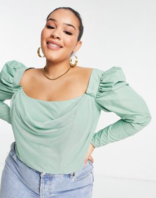 Корсет шалфейного цвета с длинными рукавами и пышными плечами ASOS DESIGN Curve