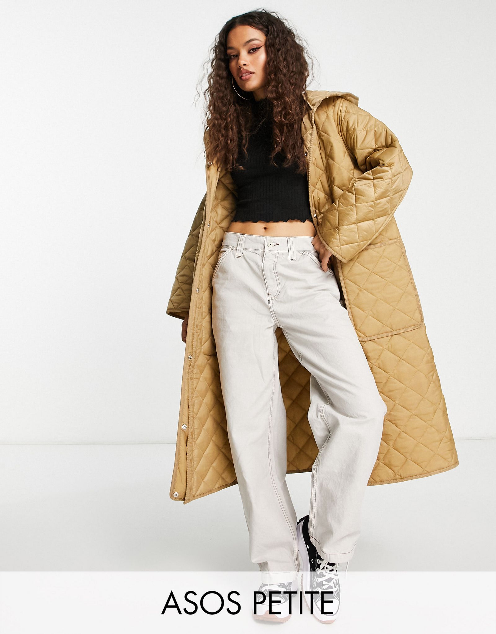 Длинное стеганое пальто светло-коричневого цвета ASOS DESIGN Petite 6390₽