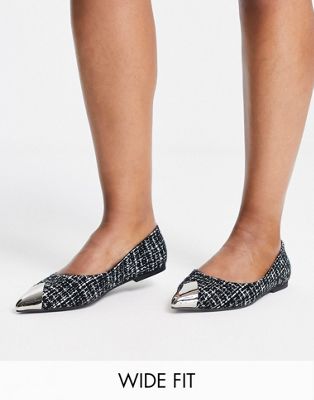Черные твидовые балетки с металлическим носком ASOS DESIGN Wide Fit Lexy