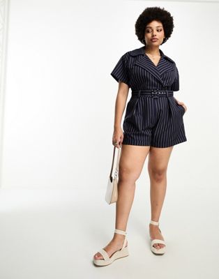 Комбинезон в тонкую полоску с короткими рукавами и поясом ASOS DESIGN Curve