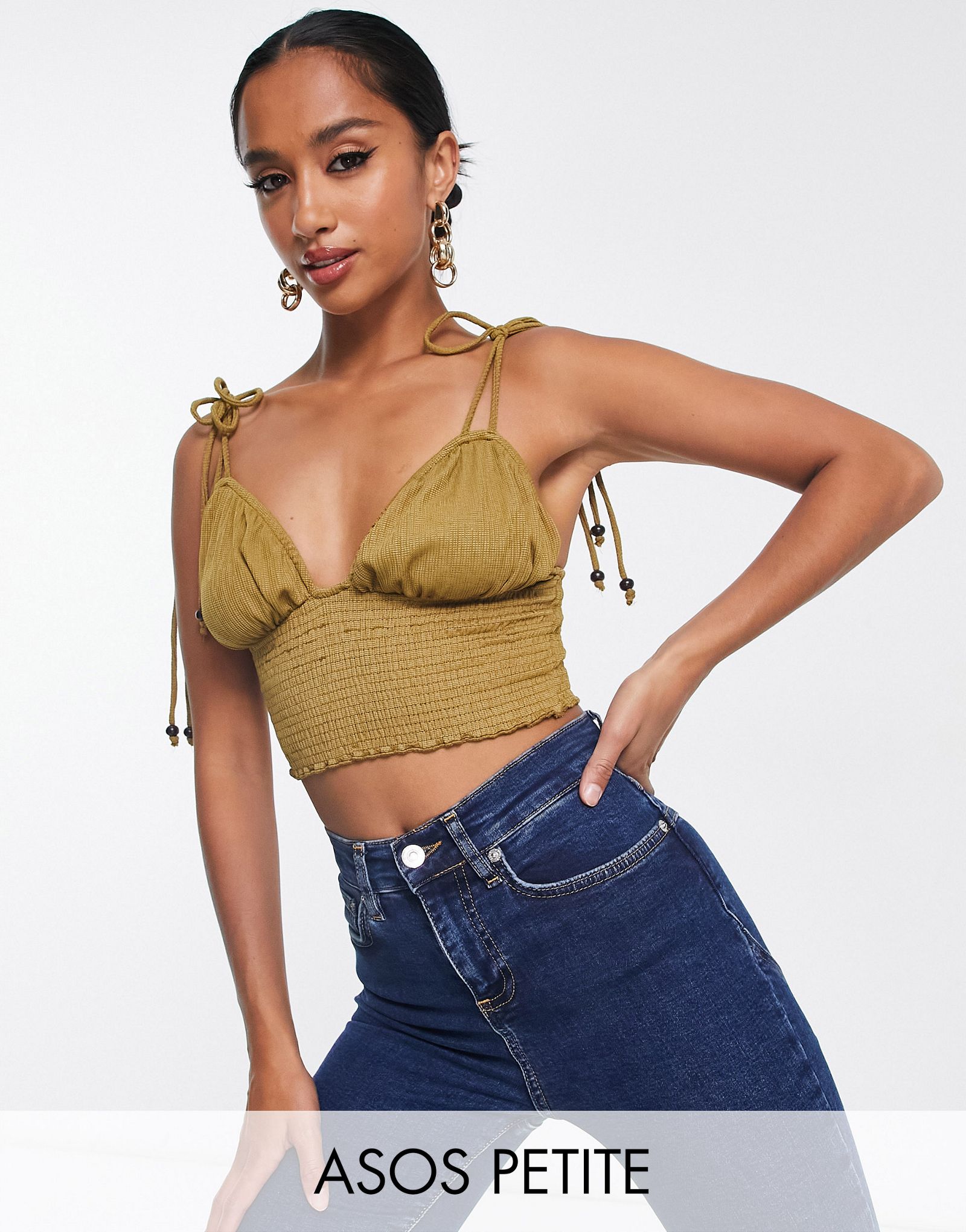Оливковый топ на бретелях с завязками на плечах ASOS DESIGN Petite 3590₽