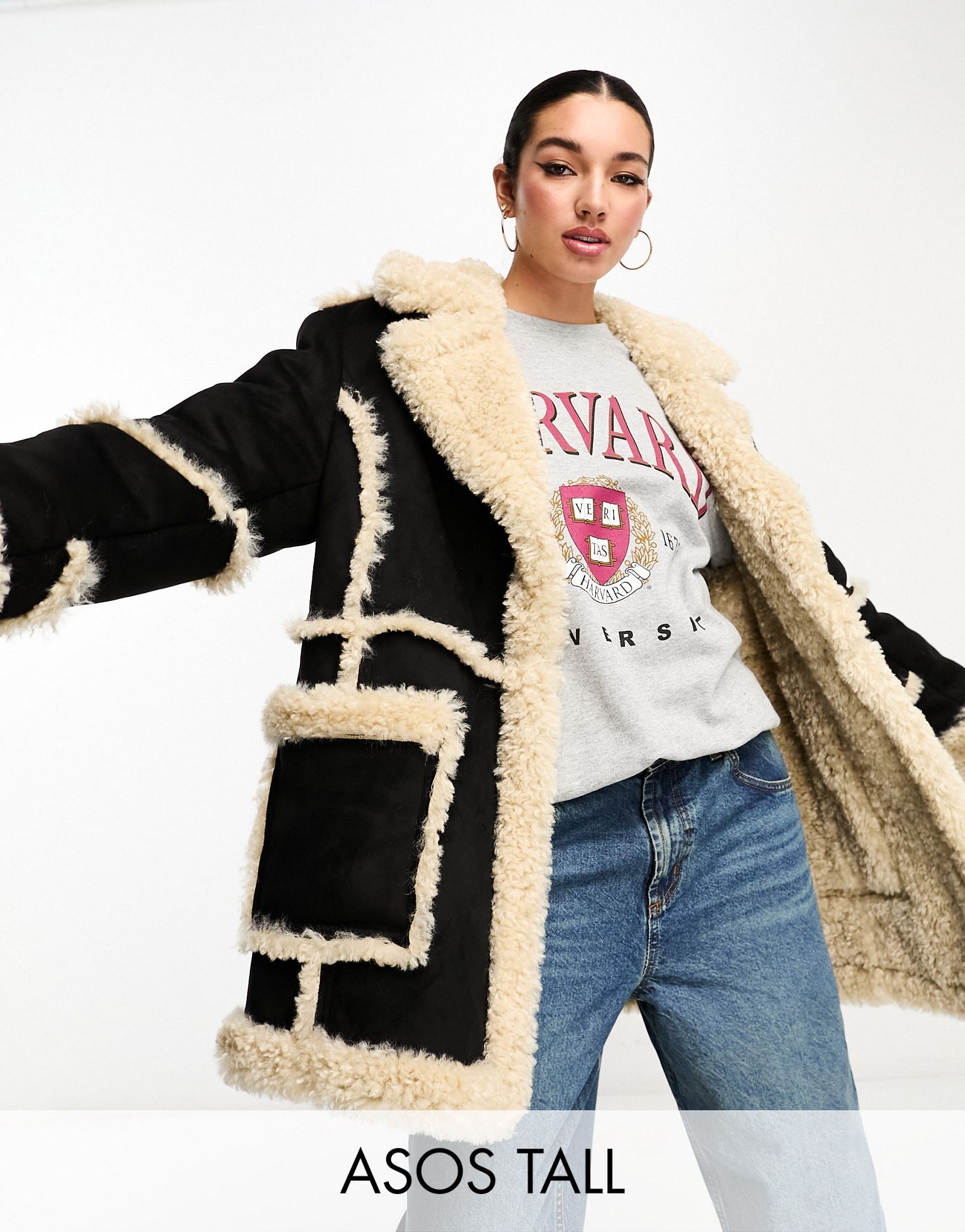 Черная объемная куртка-авиатор из флиса борга ASOS DESIGN Tall