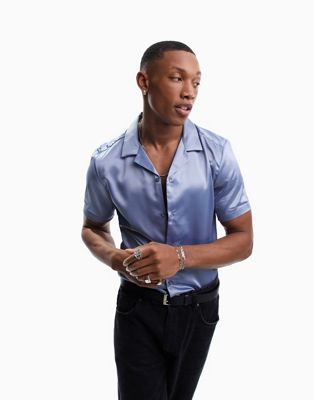 Атласная рубашка скинни пыльно-синего цвета ASOS DESIGN