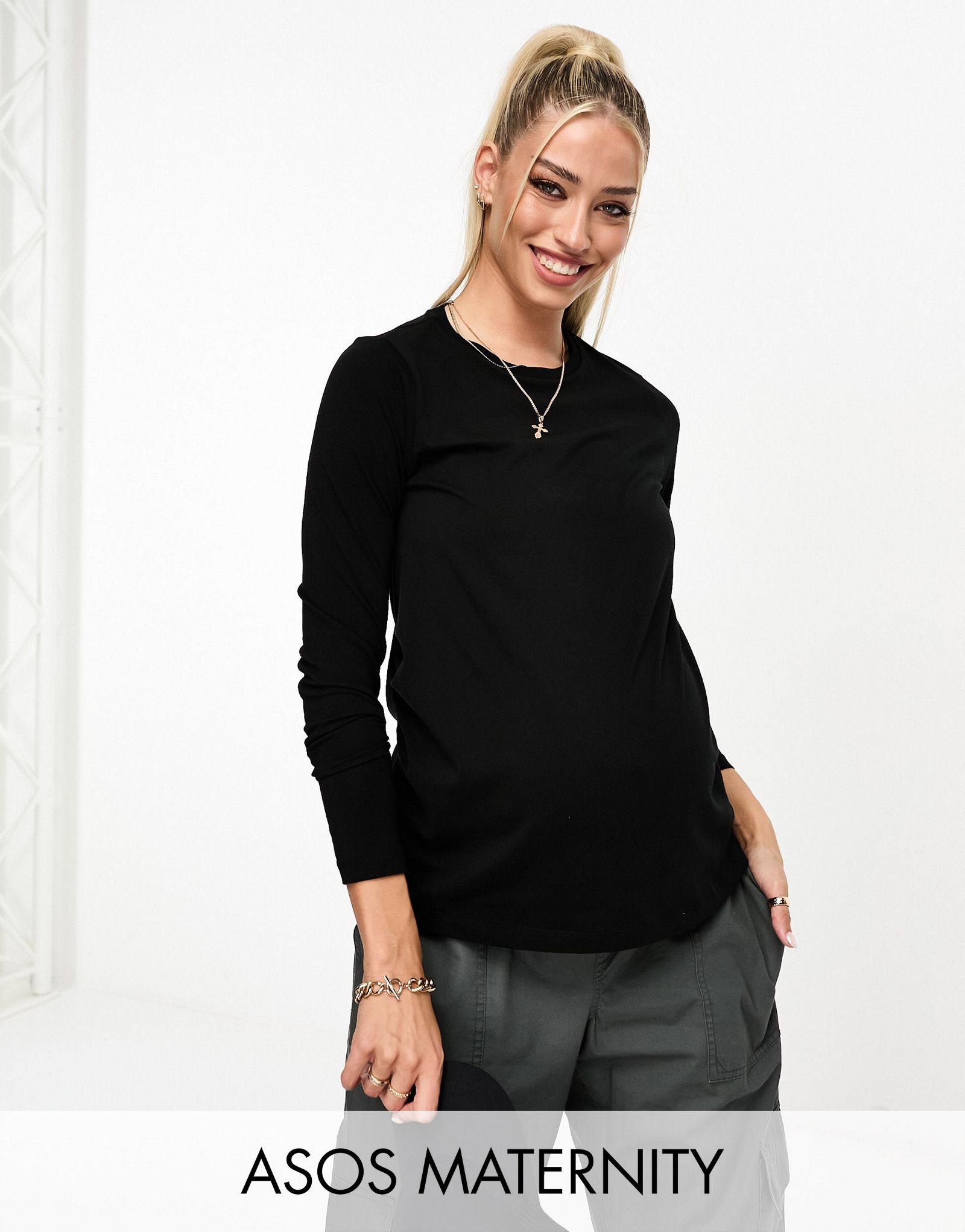 Черная хлопковая футболка узкого кроя с длинными рукавами ASOS DESIGN Maternity