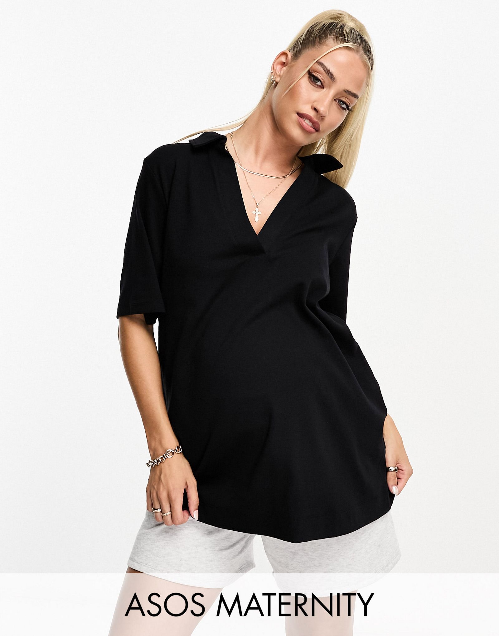 Черная свободная рубашка-поло с глубоким v-образным вырезом ASOS DESIGN Maternity