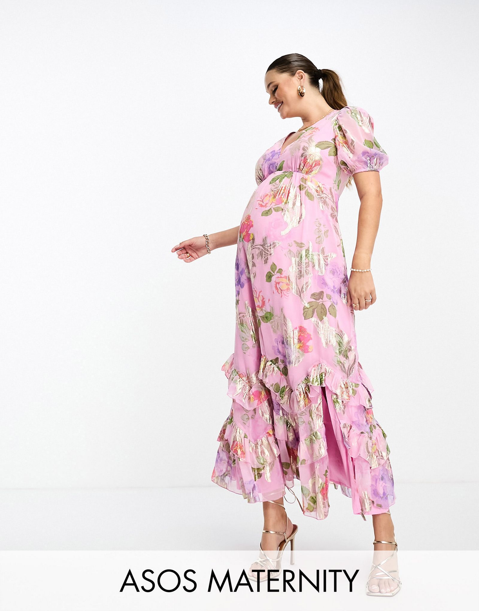 Розовое платье макси с оборками и оборками по подолу ASOS DESIGN Maternity