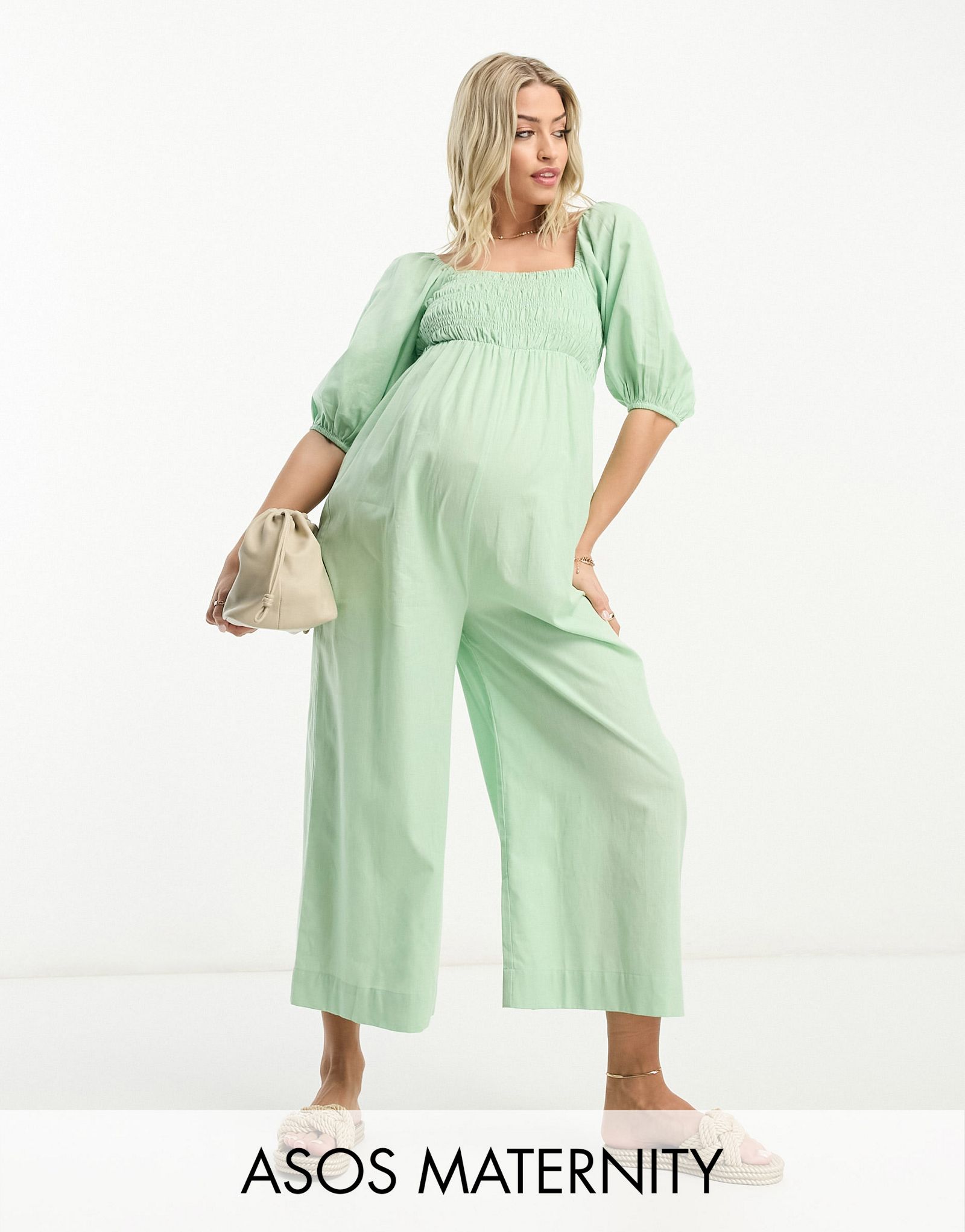 Салфетный комбинезон с пышными рукавами и льняным эффектом ASOS DESIGN Maternity