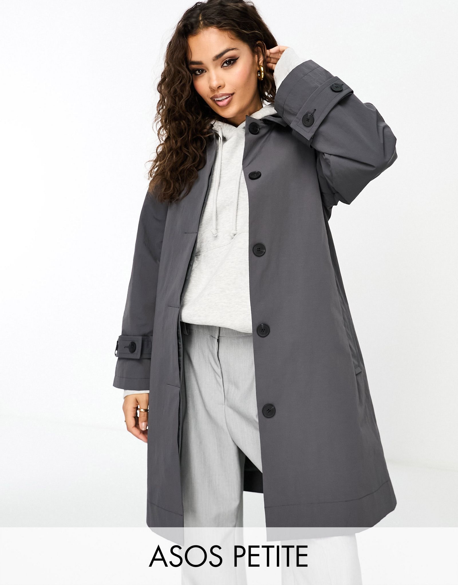 Серый короткий тренч с поясом и воротником ASOS DESIGN Petite 10490₽