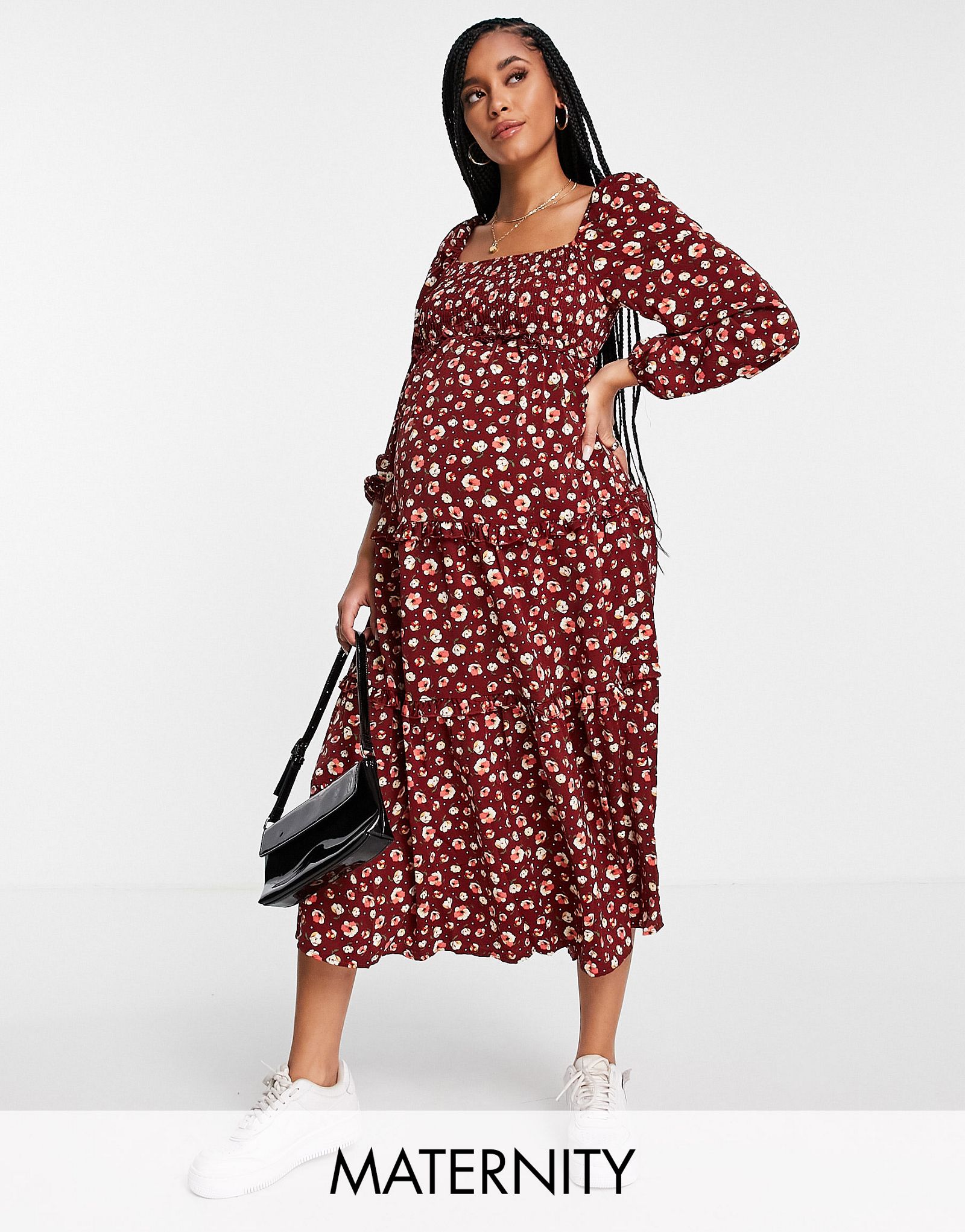 Бордовое платье миди с цветочным принтом Missguided Maternity
