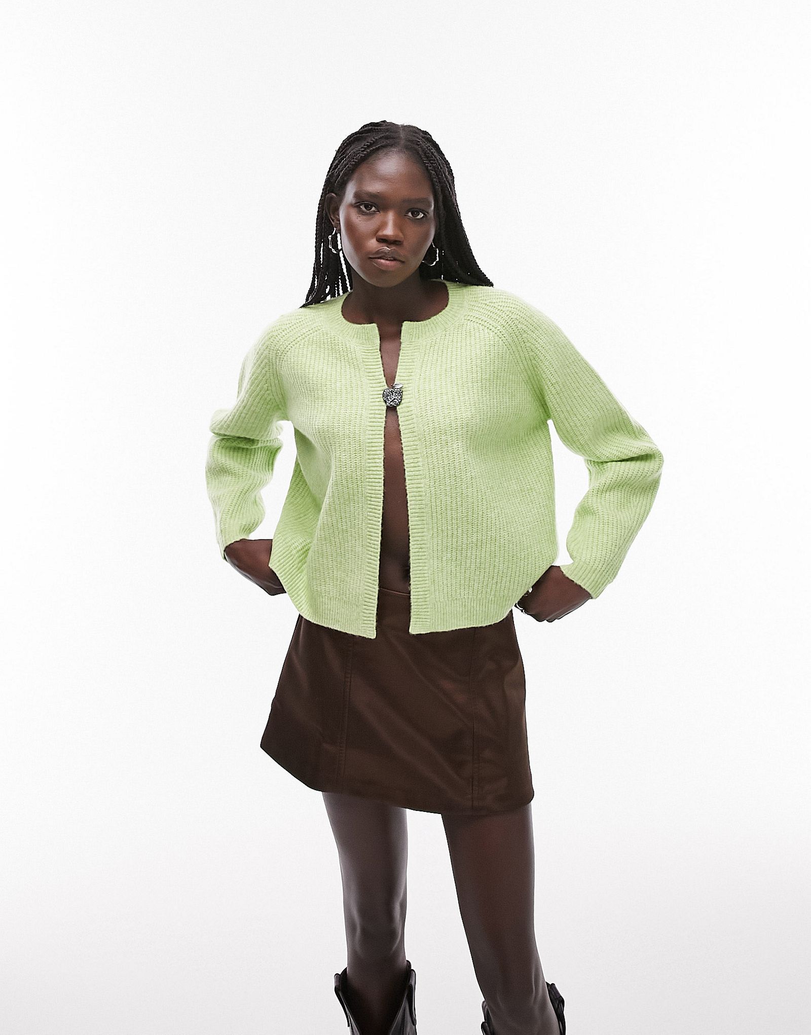 Зеленый вязаный укороченный кардиган с круглым вырезом Topshop 5090₽