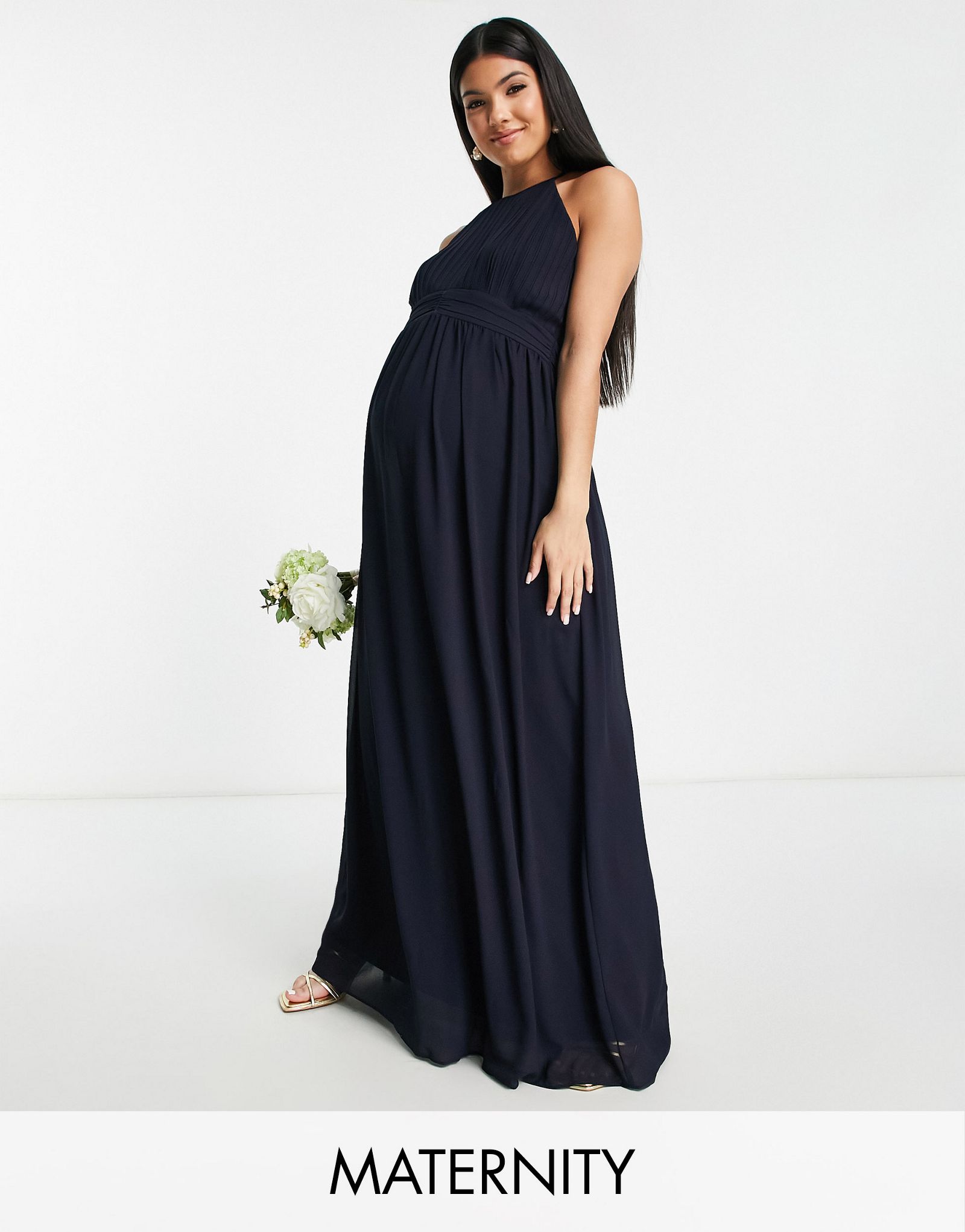 Темно-синее шифоновое платье макси с плиссировкой спереди TFNC Maternity Bridesmaid