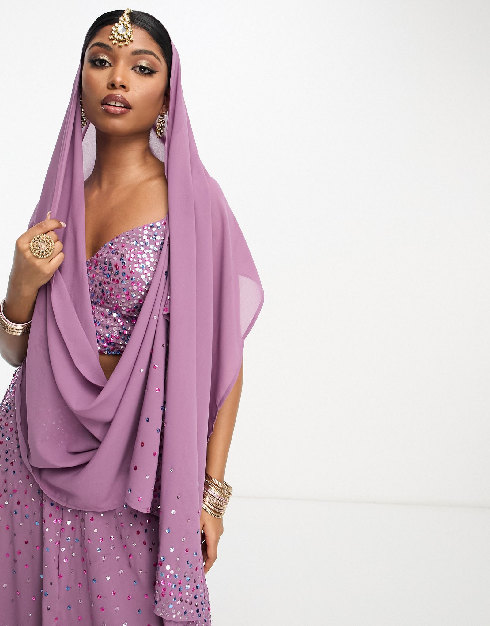 Дупатта с пайетками Maya Lehenga 3D сиреневого цвета - часть набора