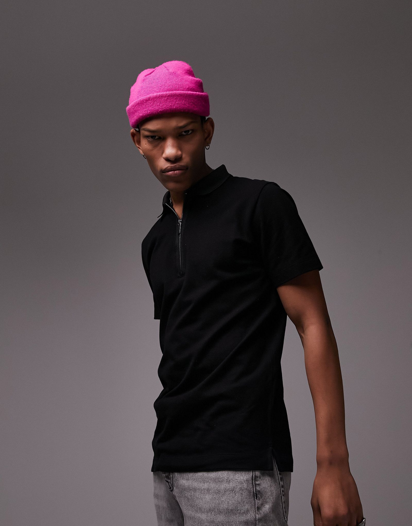 Черная футболка-поло из пике с молнией и контрастной планкой Topman 4790₽