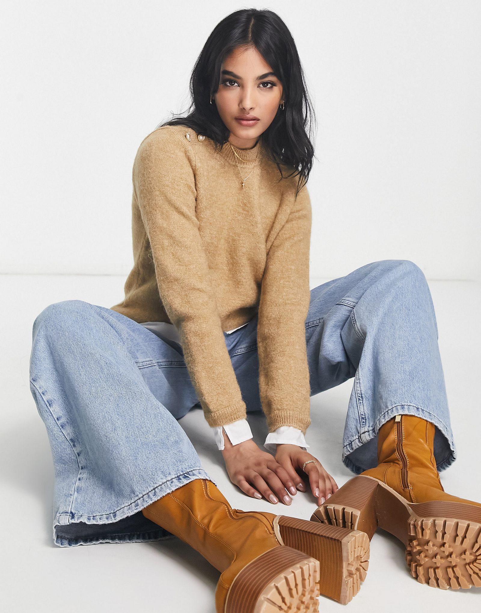 Коричневый гибридный свитер с пуговицами и рубашкой River Island 5390₽