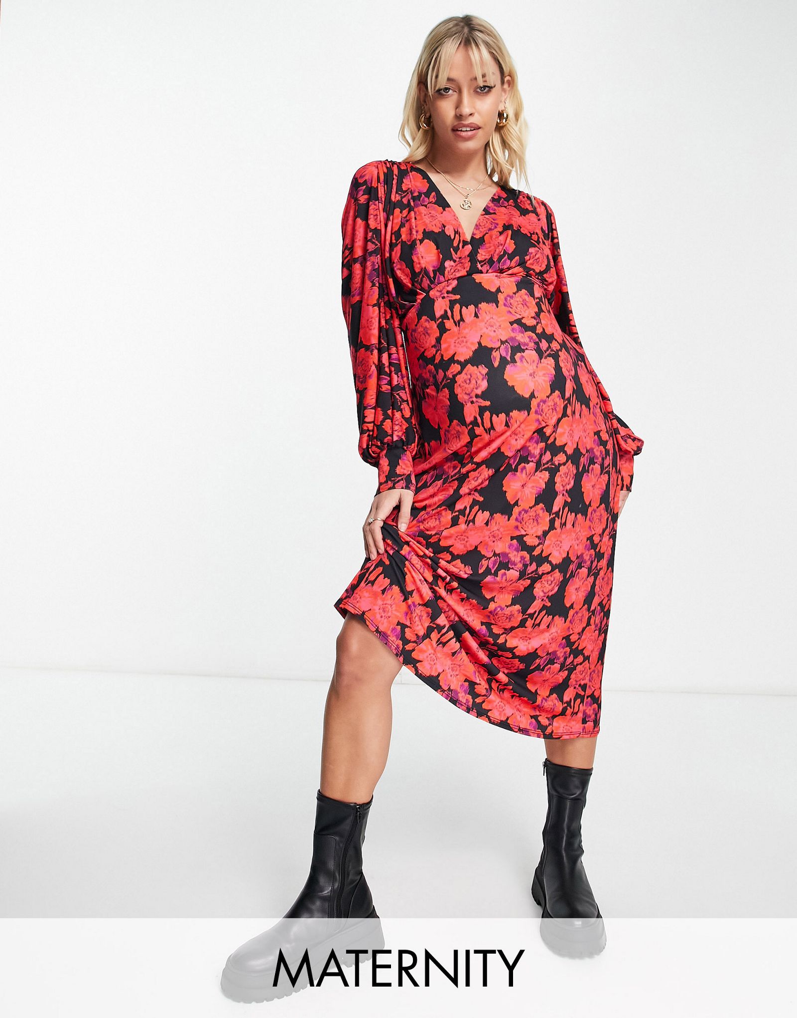 Красное платье с цветочным принтом River Island Maternity