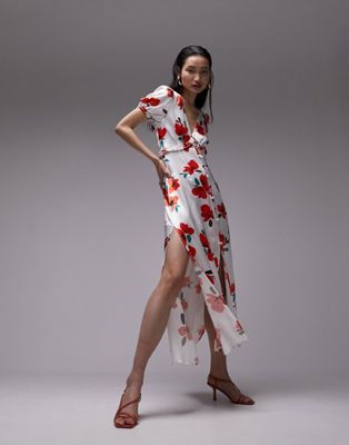 Платье макси с v-образным вырезом и развевающимися рукавами Topshop с принтом маков