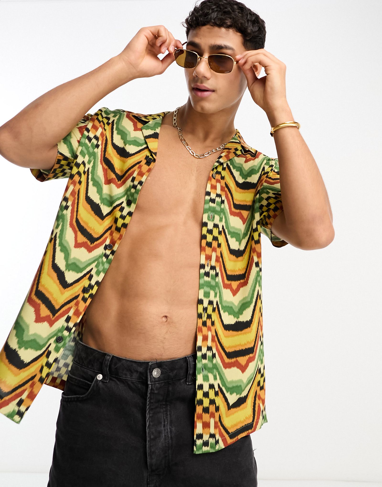 Оранжевая рубашка Revere с искаженным принтом New Look