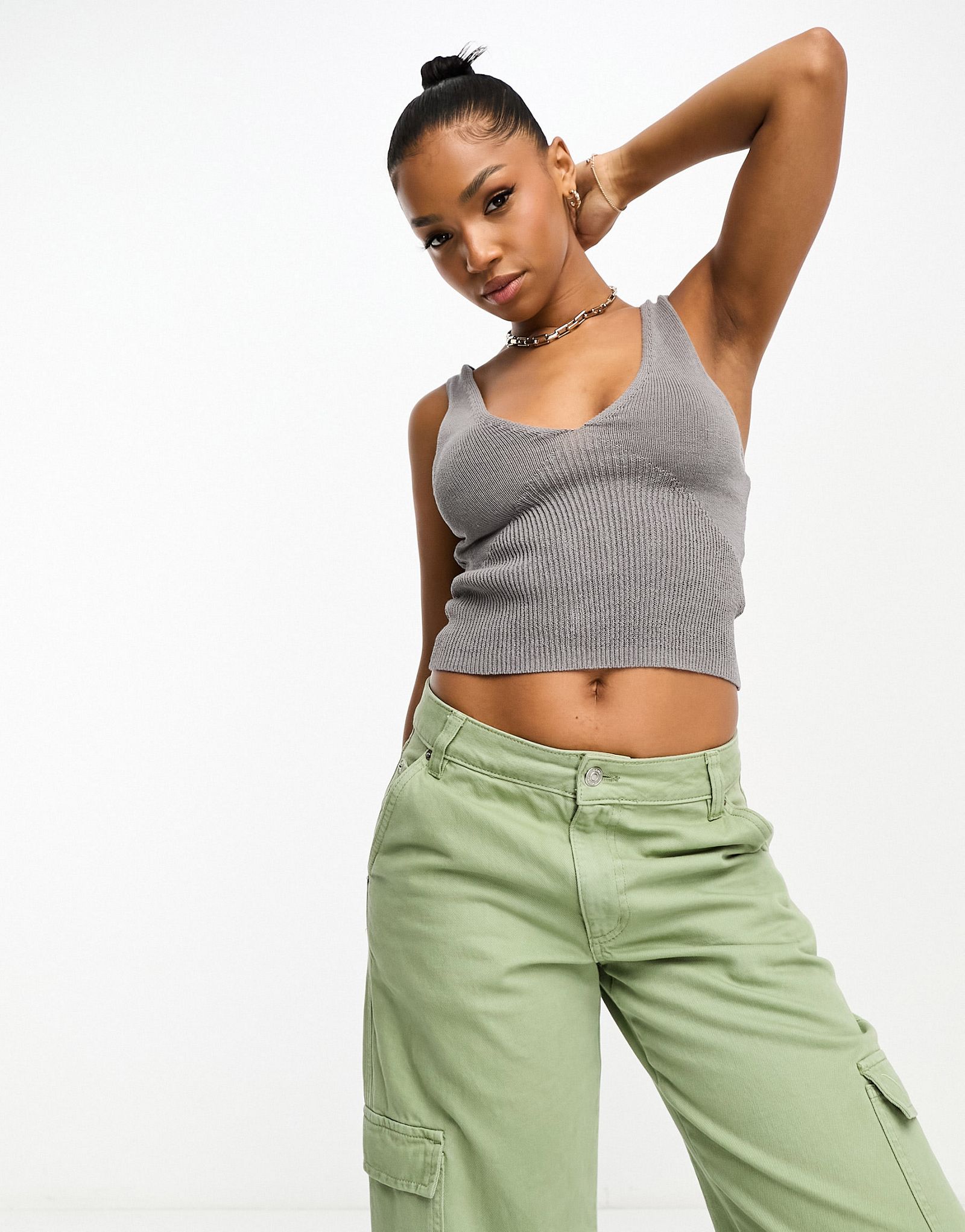 Серая трикотажная майка в рубчик Pull-Bear часть комплекта 3090₽