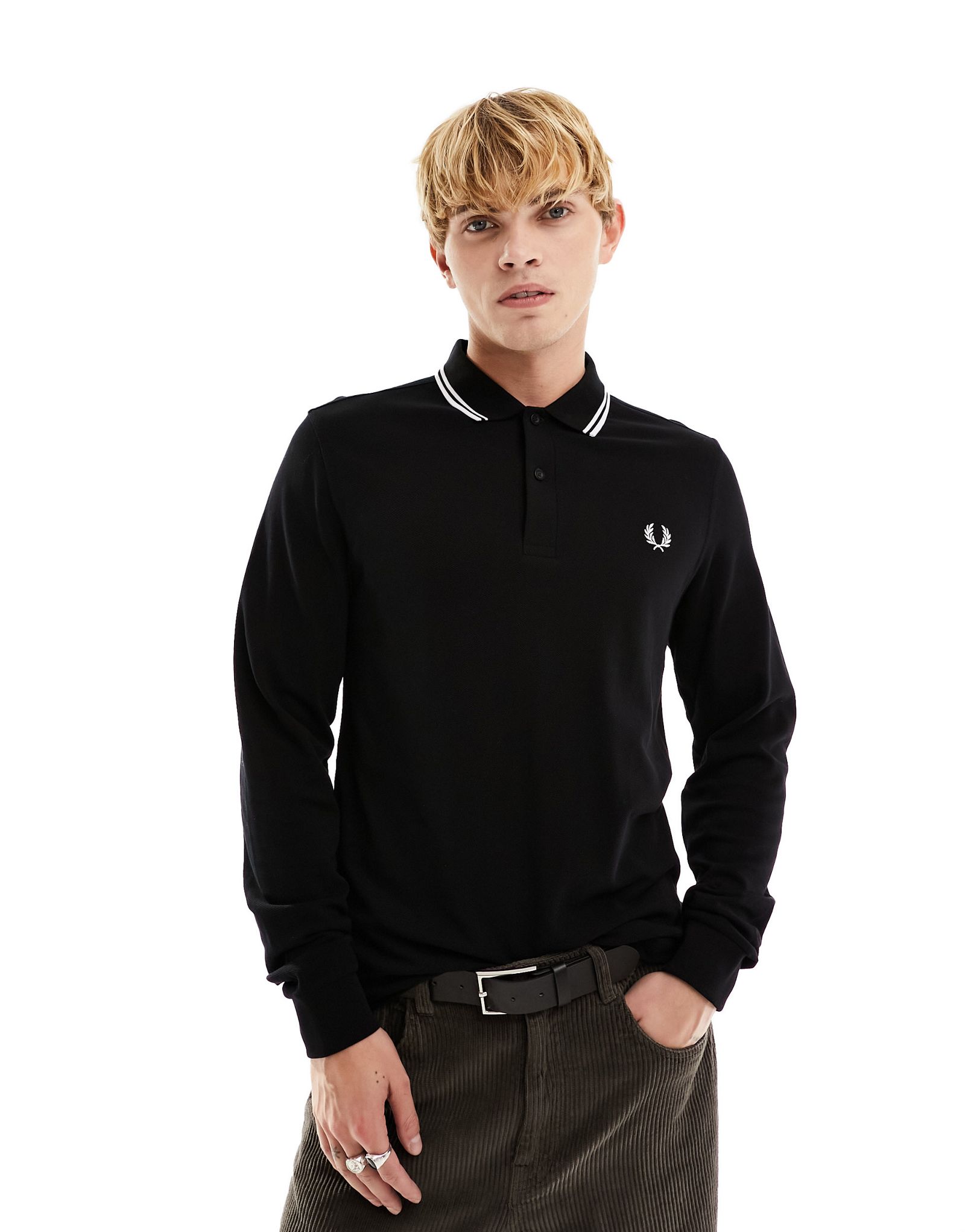 Черная рубашка-поло с длинными рукавами и двойным воротником Fred Perry 27190₽