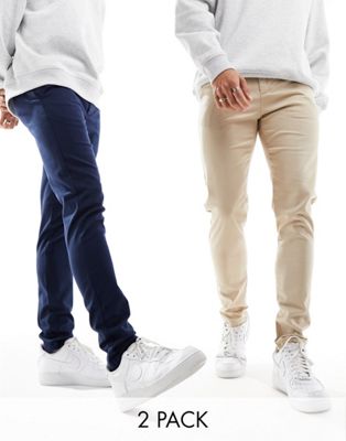 Комплект из двух узких чиносов ASOS DESIGN темно-синих и каменных цветов