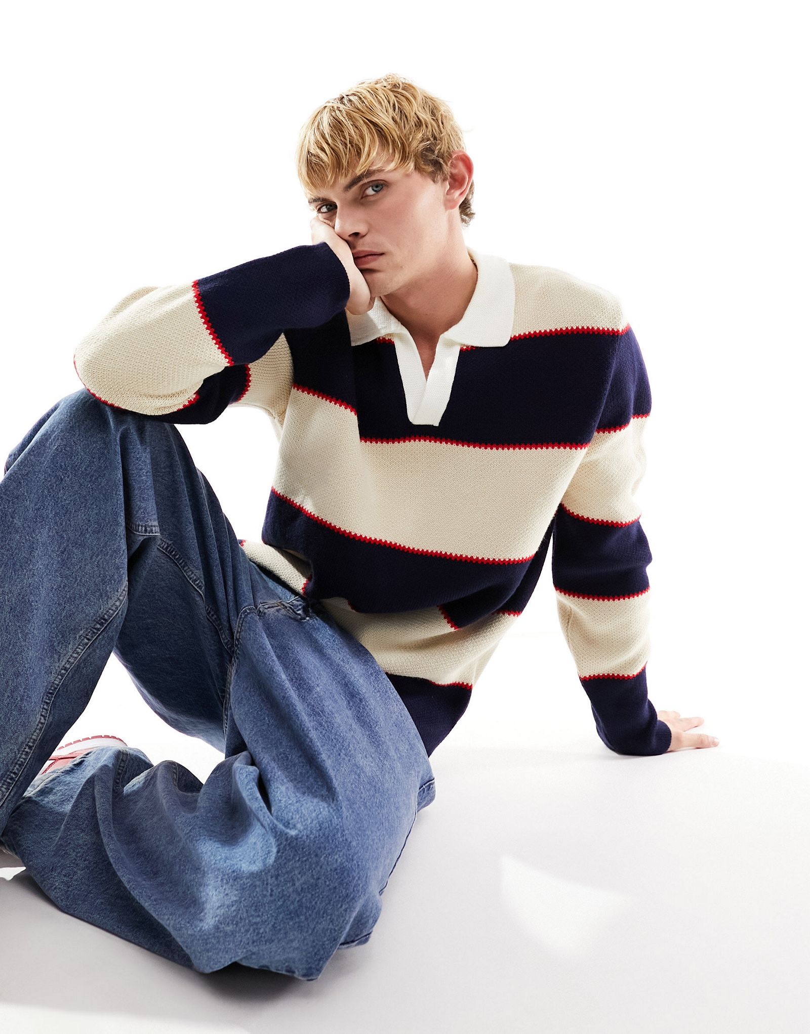 Темно-синий и белый свободный вязаный свитер в полоску в стиле регби ASOS DESIGN 6290₽